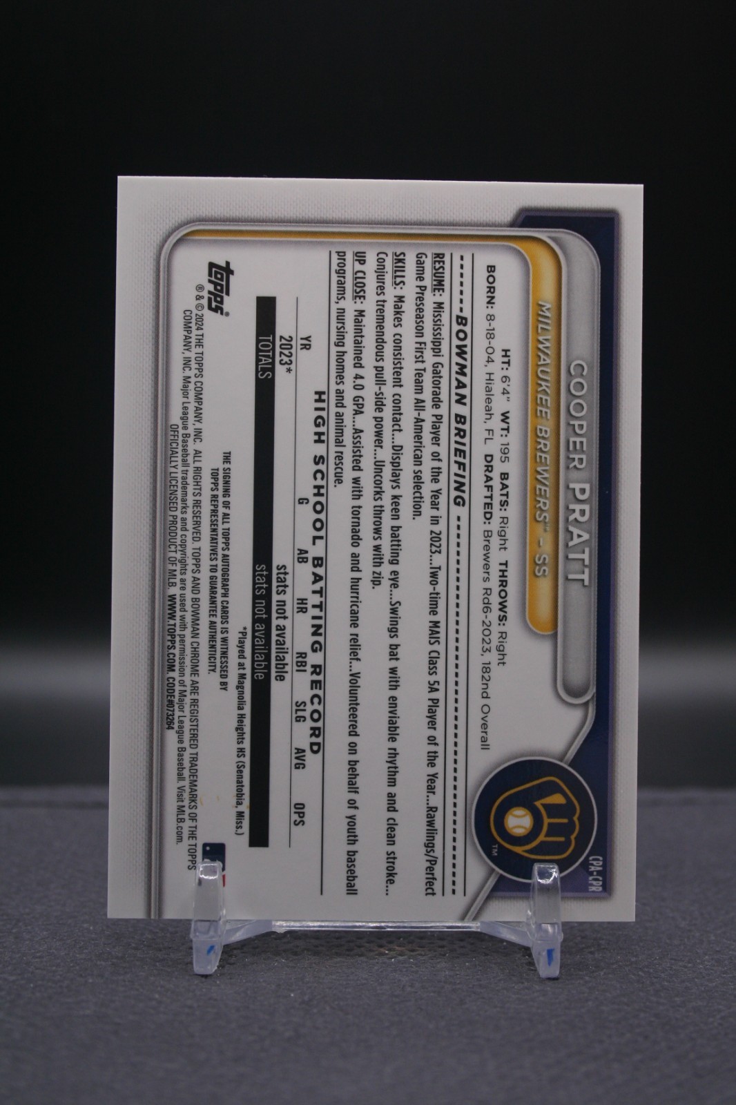 2024 Bowman | Cooper Pratt | 1st Bowman Speckle Refractor Auto /299 | Brewers