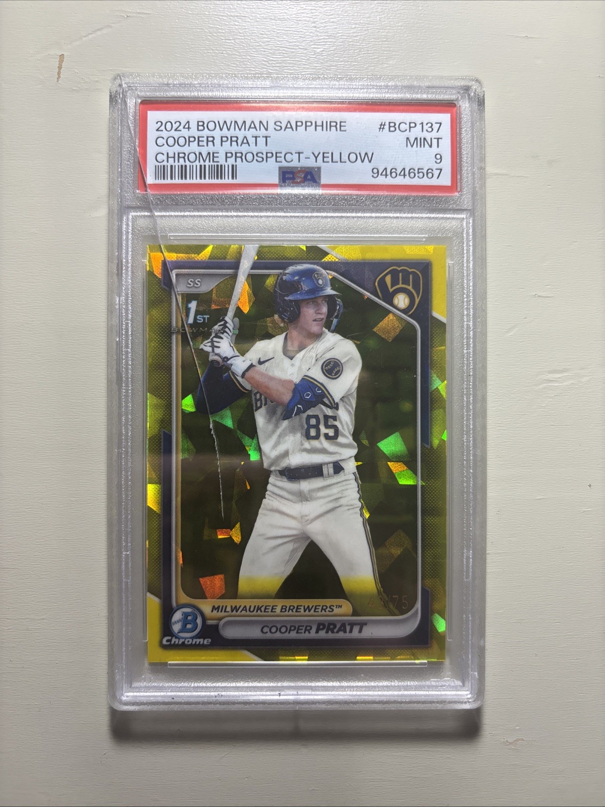 2024 Bowman Chrome Prospects Cooper Pratt 1st Bowman #BCP-137 Yellow /75 PSA 9