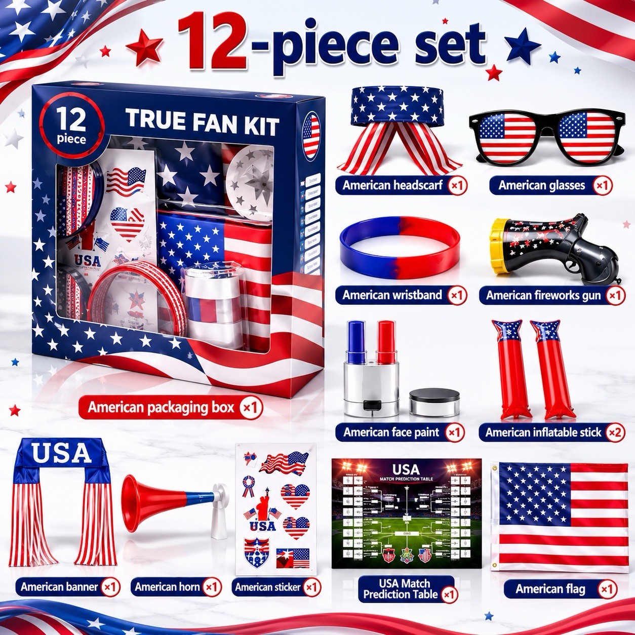 USA Fan Kit 12PCS World Cup 2026 Soccer Fan Accessories Set, Patriotic Game Day