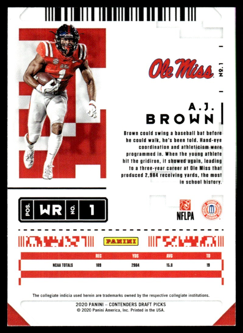 2020 Panini Contenders Draft Picks – #1 A.J. Brown Eagles