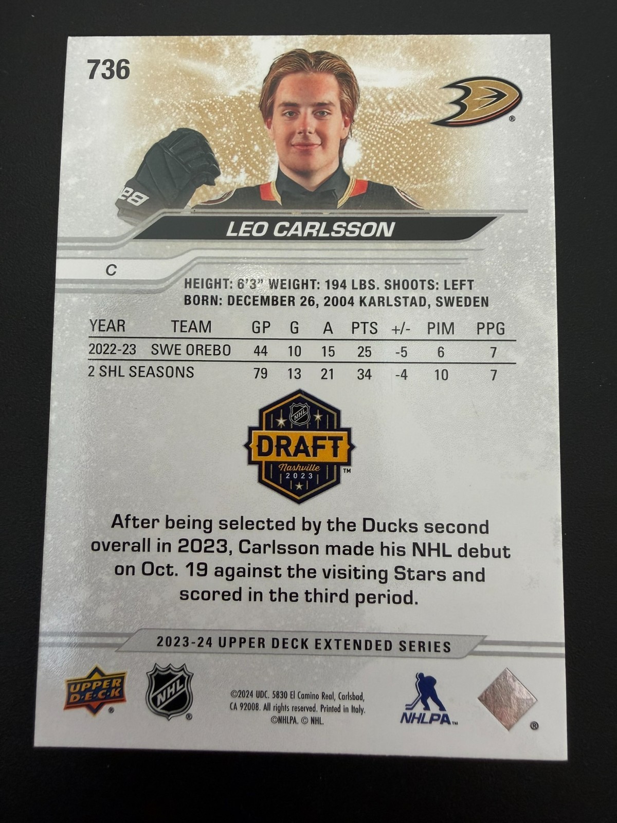 2023-24 Upper Deck Extended Series – 1st Round Rookies Leo Carlsson #736 (RC)