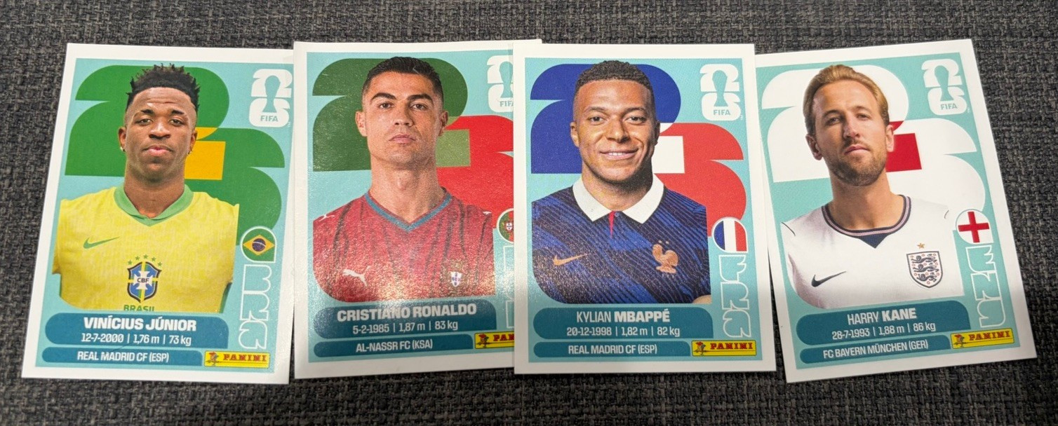 Panini FIFA 365 2026 Soccer Trading Cards Lot of 4: Ronaldo Mbappé Kane Vini