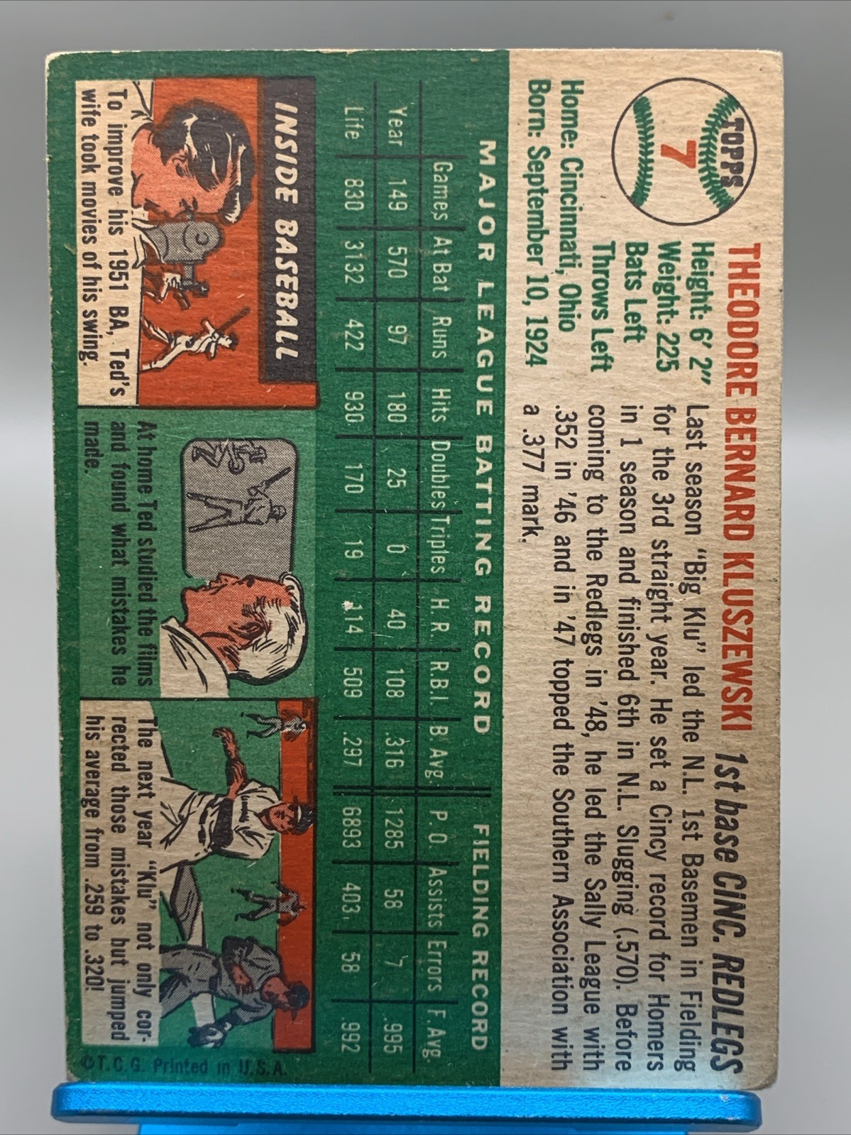 1954 Topps Ted Kluszewski #7 White Back Cincinnati Red legs Wrinkle Corner Wear