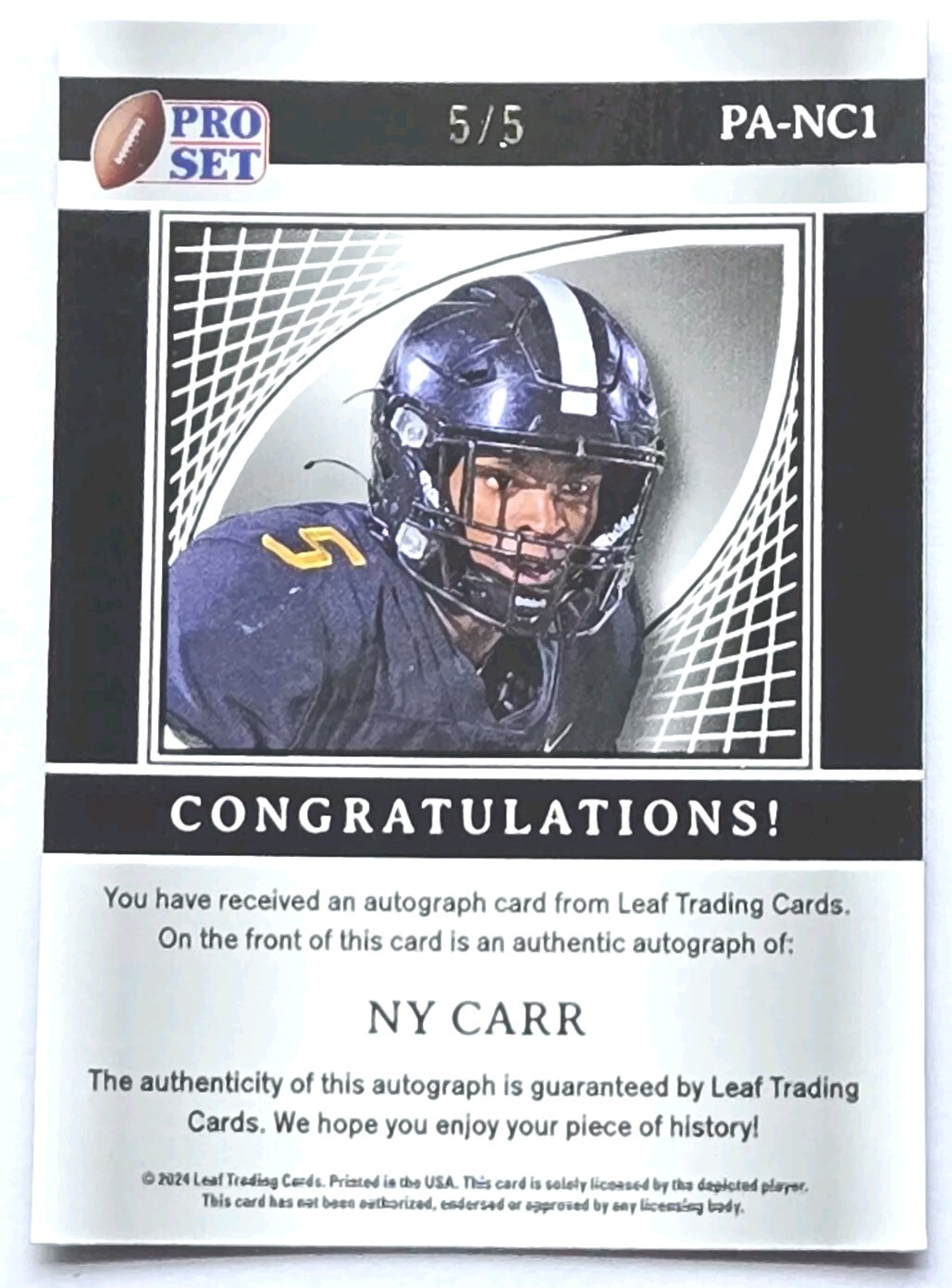 NY CARR 🔥 5/5 AUTO 2024 LEAF PRO SET METAL FOOTBALL BLACK CRYSTAL BORDERED PRZM