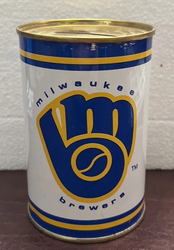 Vintage MLB Baseball Tin Can Coin Bank 1984 Milwaukee Brewers 4.5 In Tall Yount!