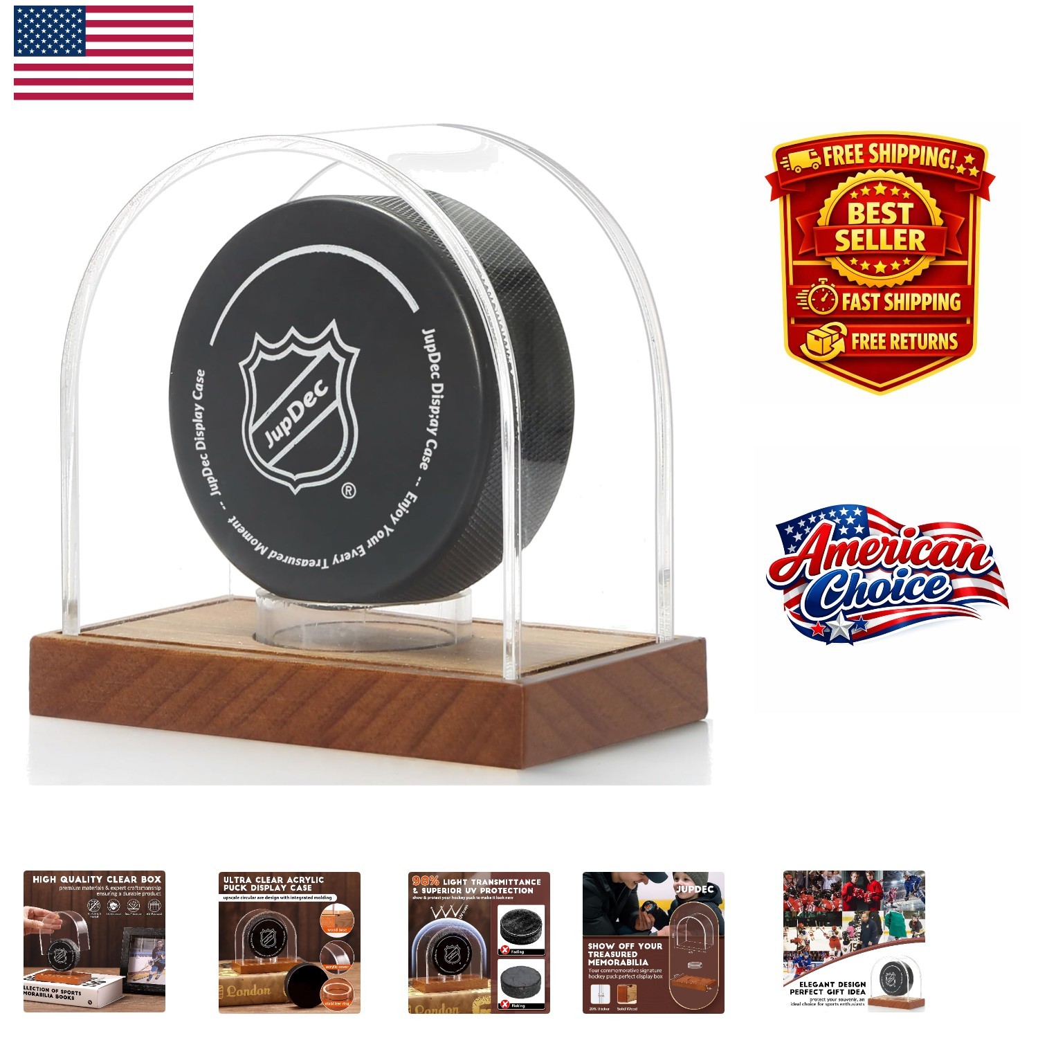 Elegant Hockey Puck Collectibles Case – Acrylic Holder with Mahogany Base, 4.4in