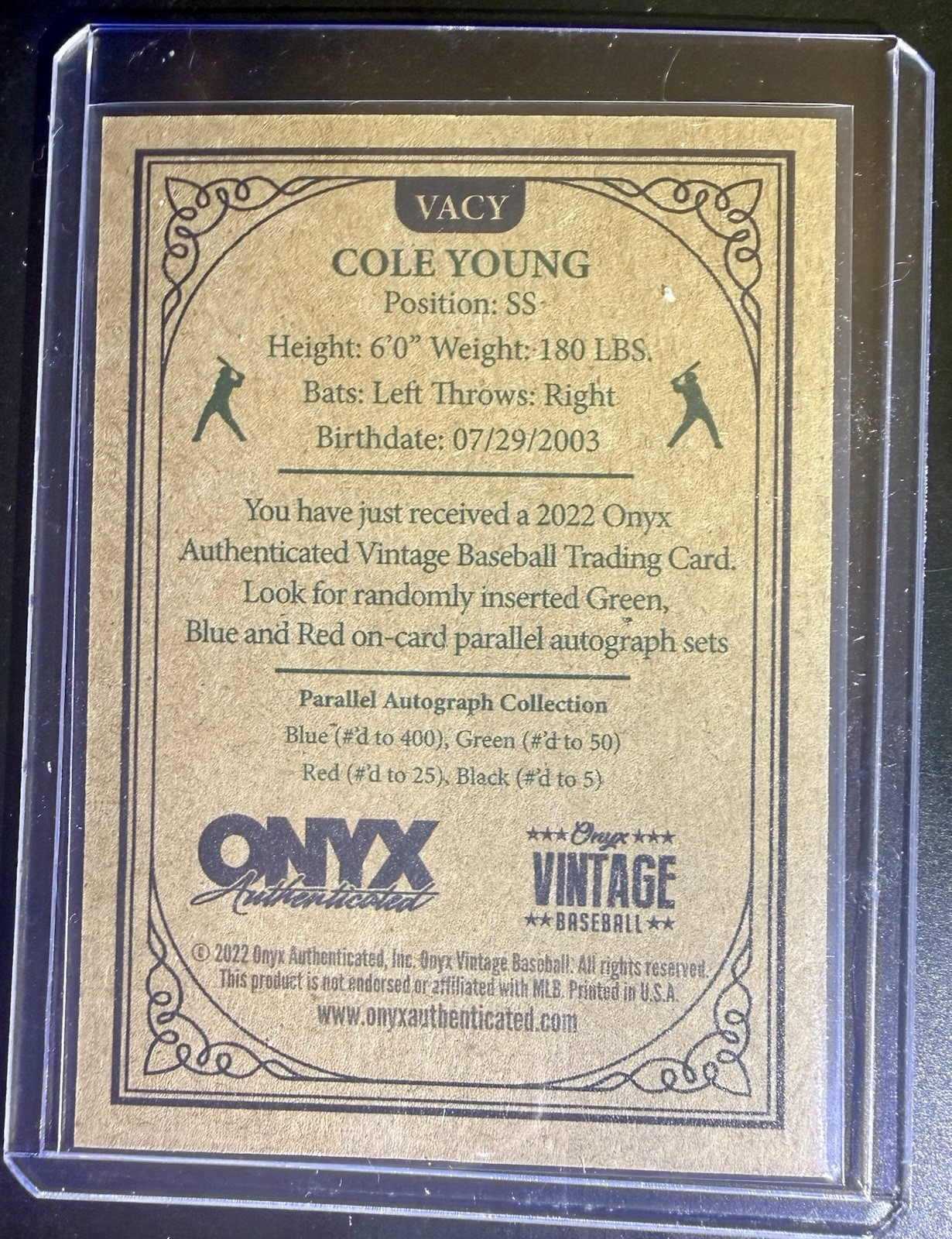 Cole Young, Seattle Mariners, 2022 Onyx Extended Blue Ink on Card Auto🇬