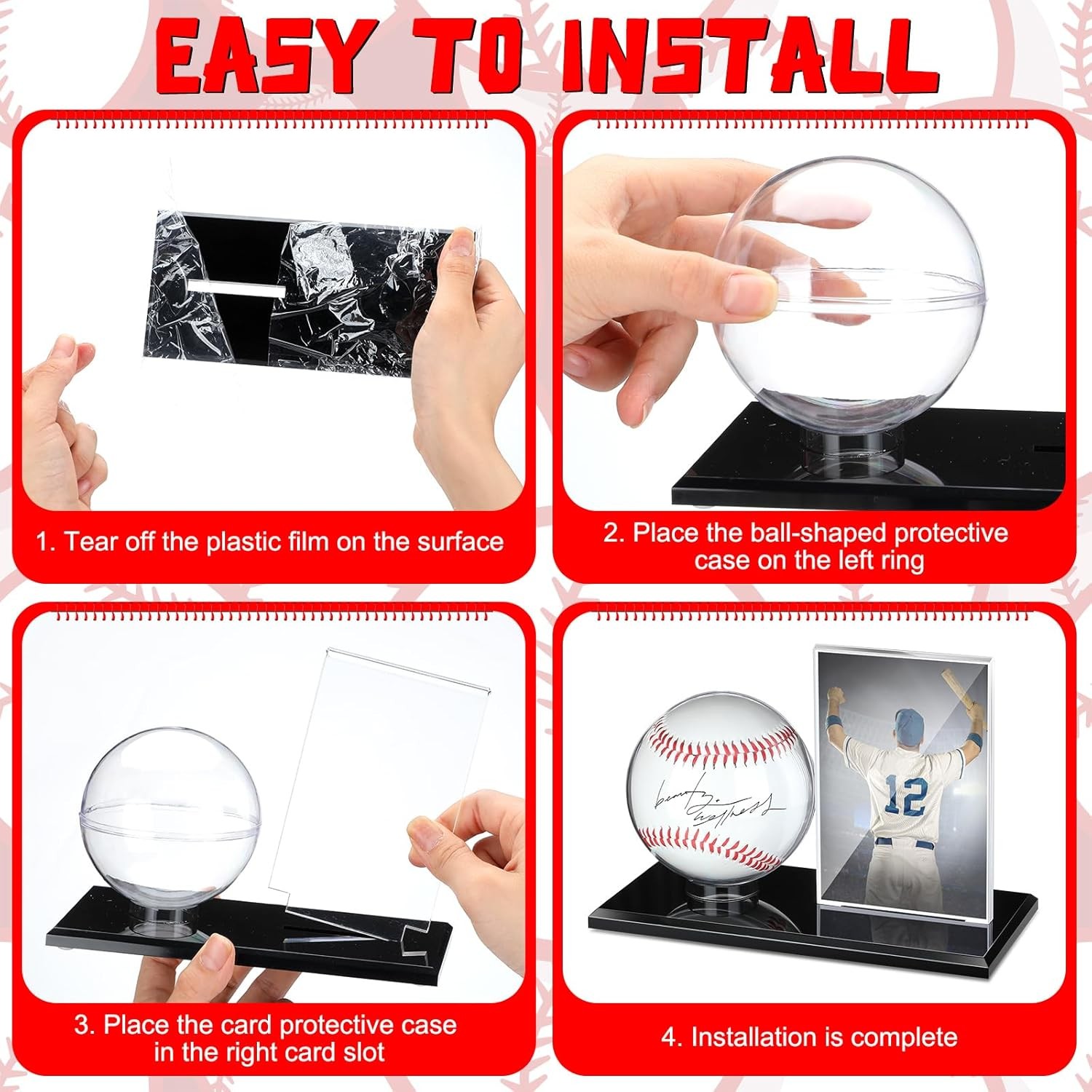 Baseball Display Case for Ball and Cards Clear Base Ball Holder Ring Stand Set