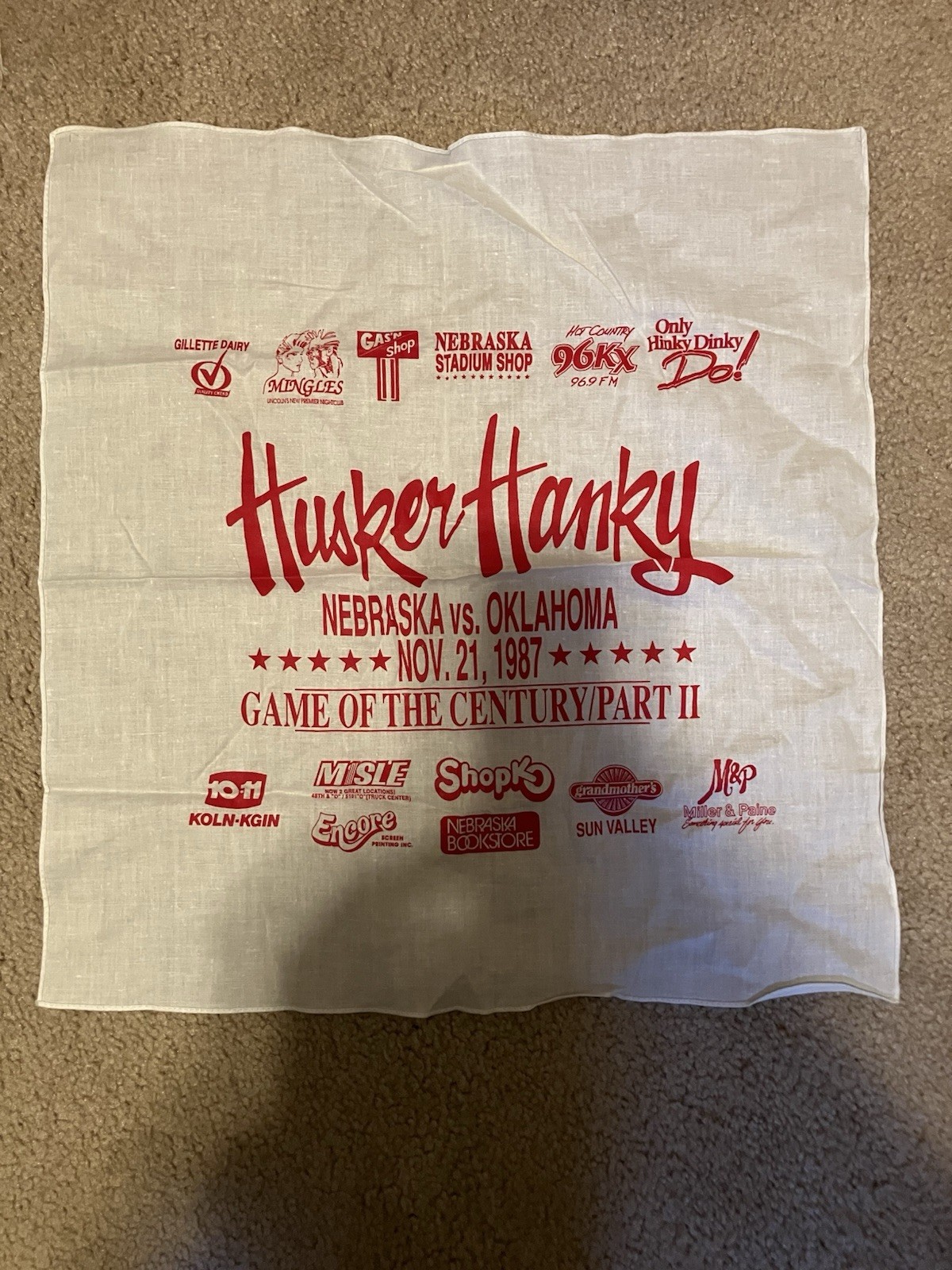 Husker Hanky “Game Of The Century/Part II” Nebraska vs. Oklahoma Nov, 21, 1987