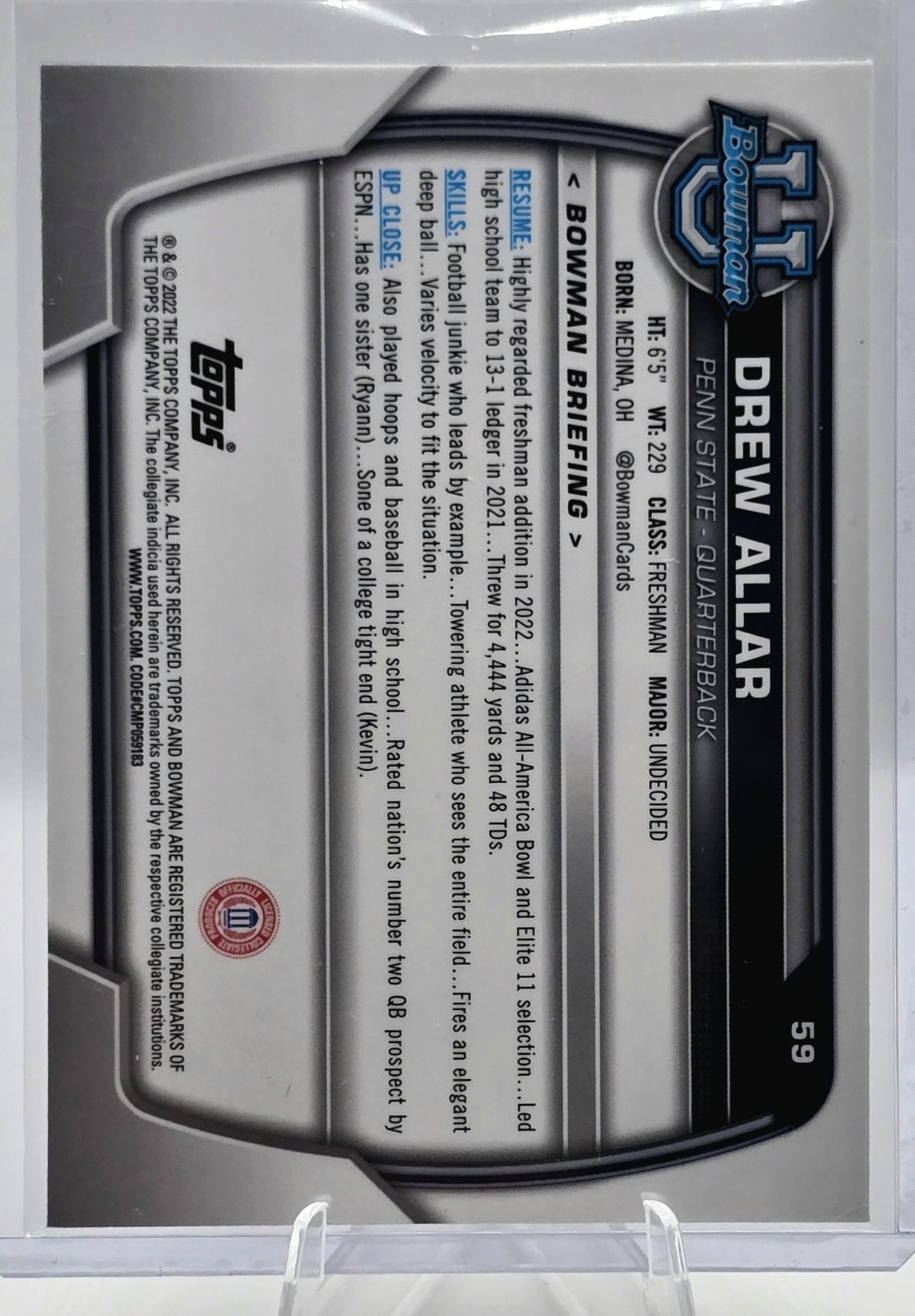 2022 Topps Chrome Bowman U Drew Allar Pink Refractor 1st Bowman