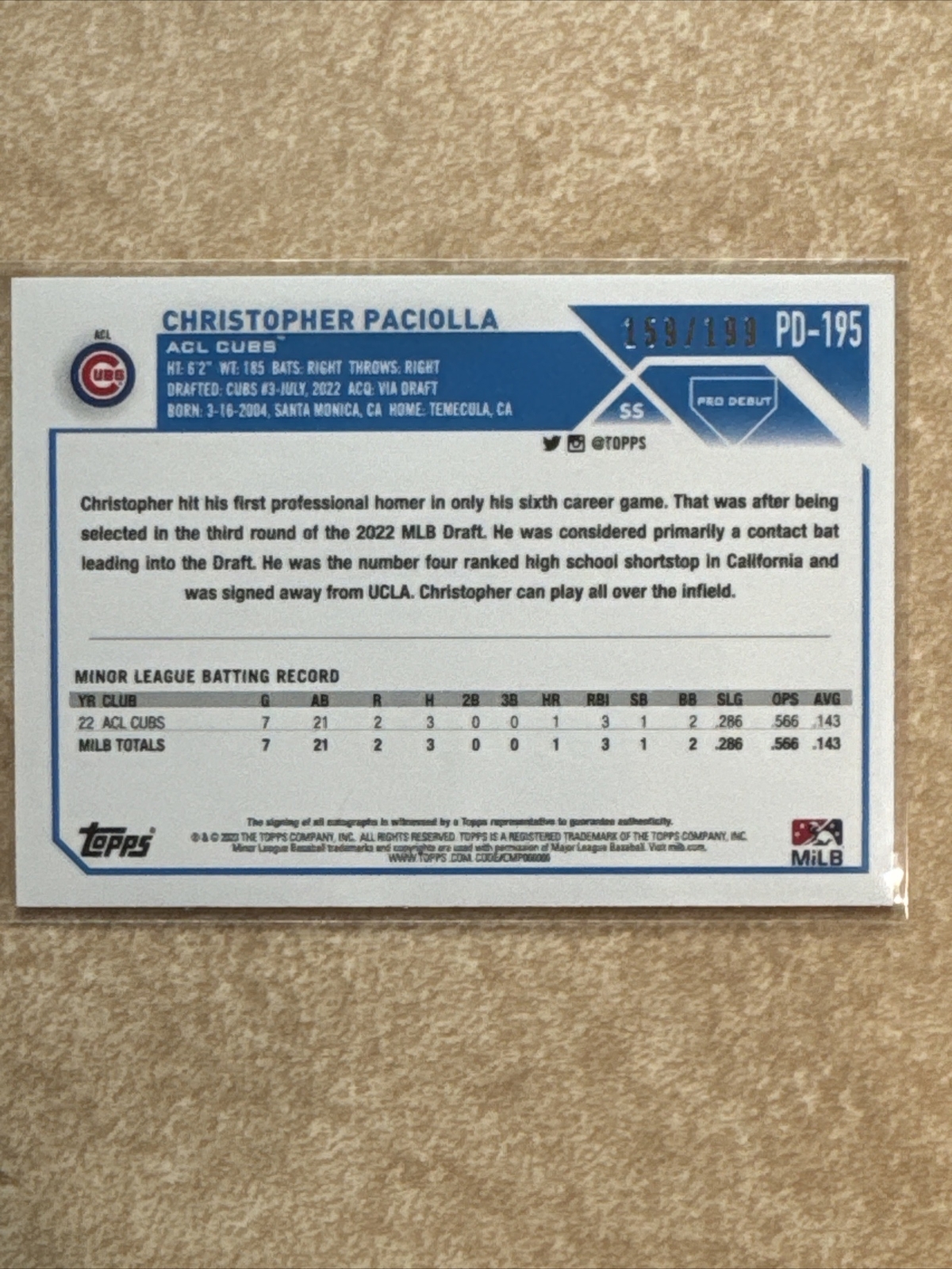 2023 Topps Pro Debut Christopher Paciolla Sparkle Foil Autograph 159/199 Cubs