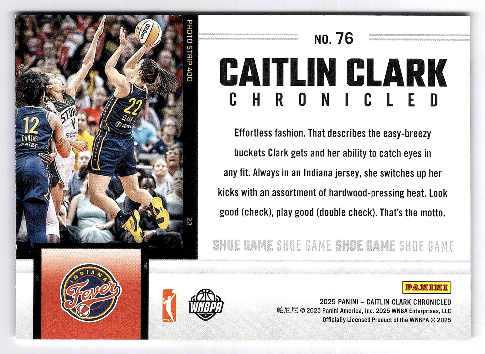 2025 Panini Caitlin Clark Chronicled #76 Kobe Bryant Shoe Game Indiana Fever