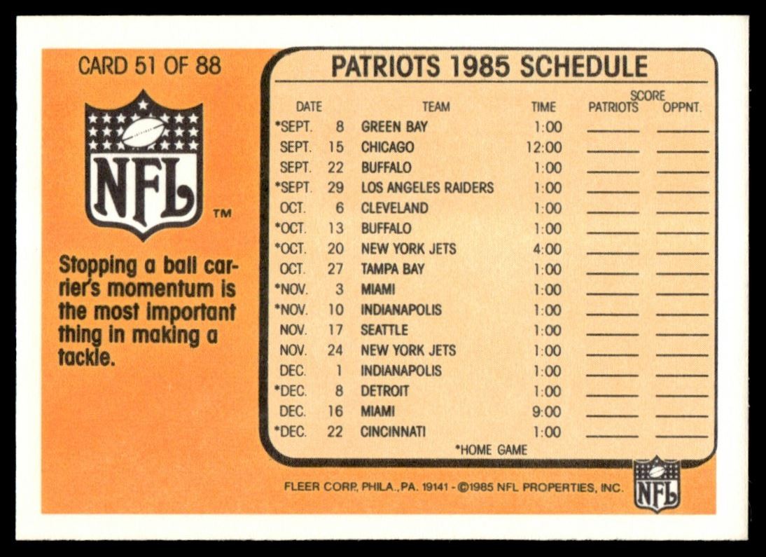 1985 FLEER TEAM ACTION STANDING THE BALL CARRIER UP (1985 SCHEDULE) B NEW