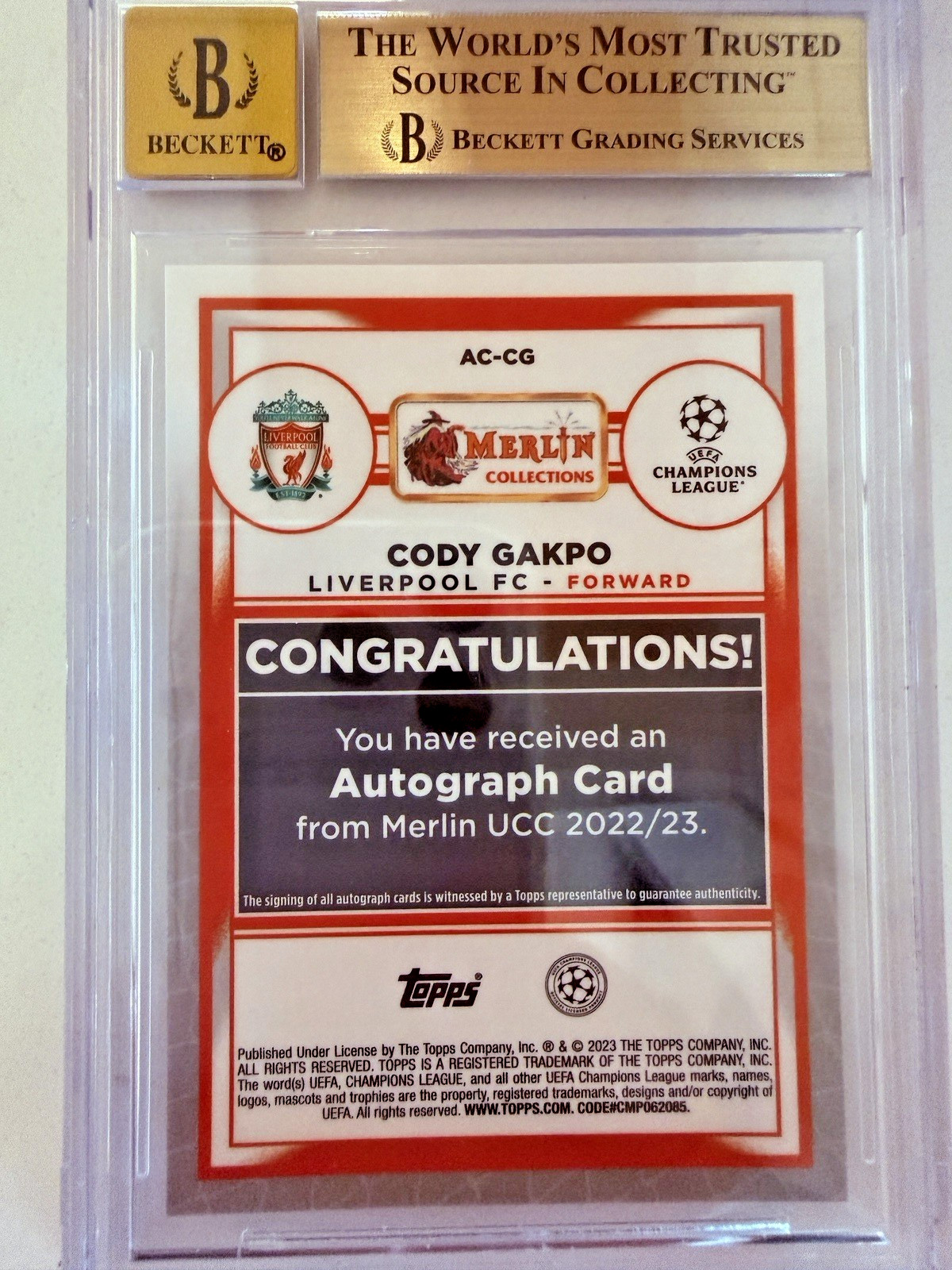 2022-23 Merlin UEFA Auto Wave Refractor Cody Gakpo /150 BGS 9.5/10 Liverpool
