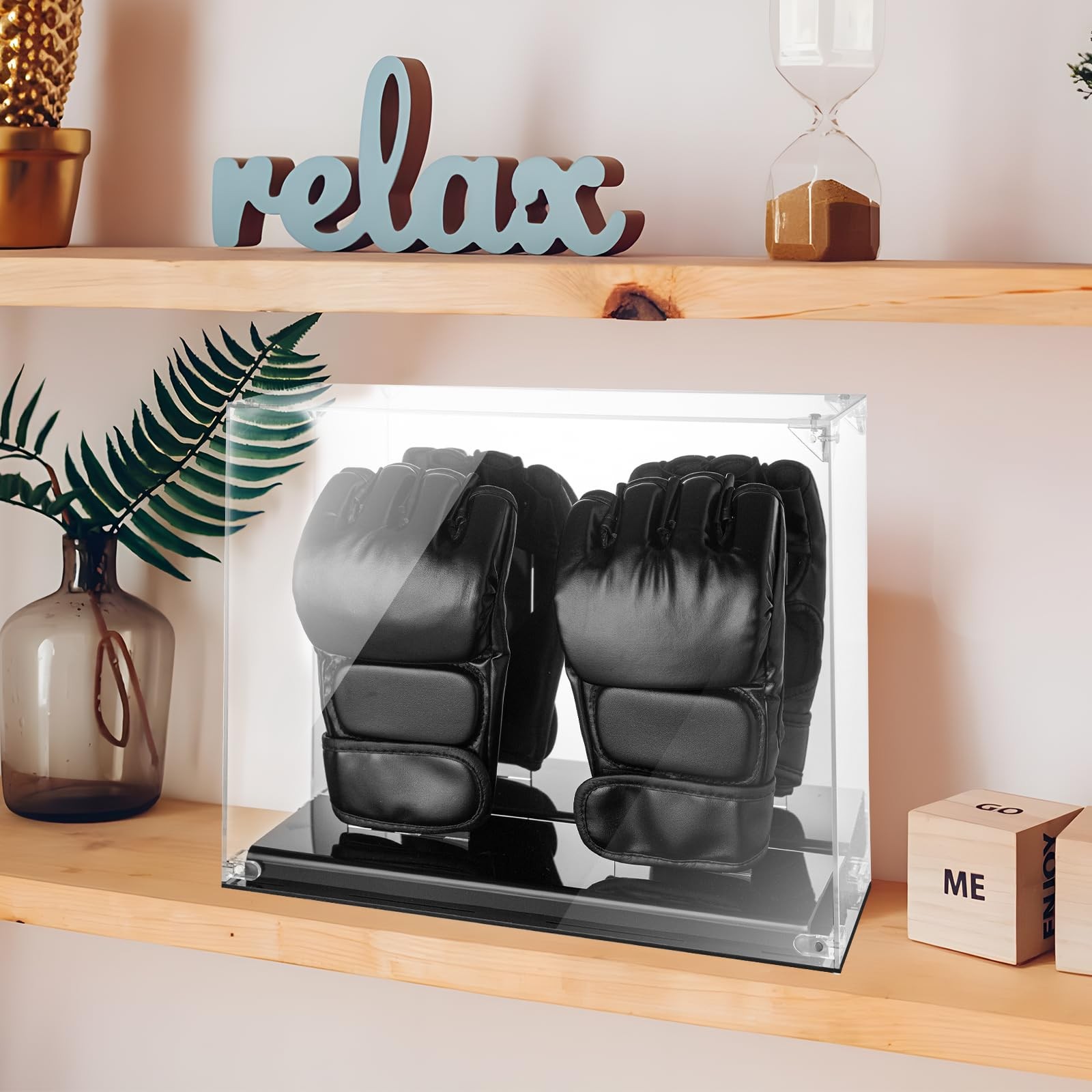 MMA Glove Display Case with Mirror Back, 2 Glove Holder, Acrylic Kickboxing S…