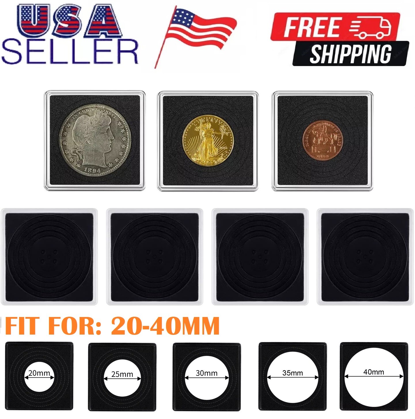30Pcs Adjustable Acrylic Coin Collection Cases with Sponges Coin Snap Holder USA
