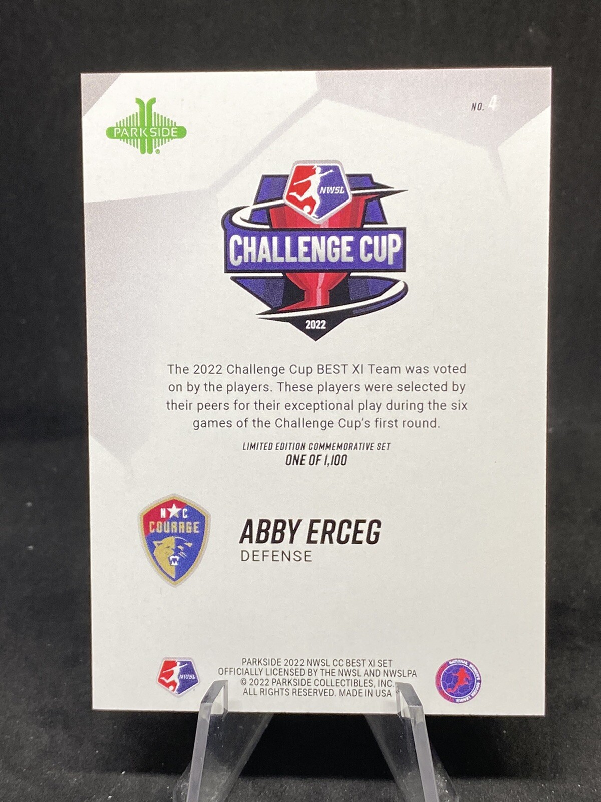 Abby Erceg 2022 Parkside NWSL CHALLENGE CUP BEST XI Card #4 Courage /1100