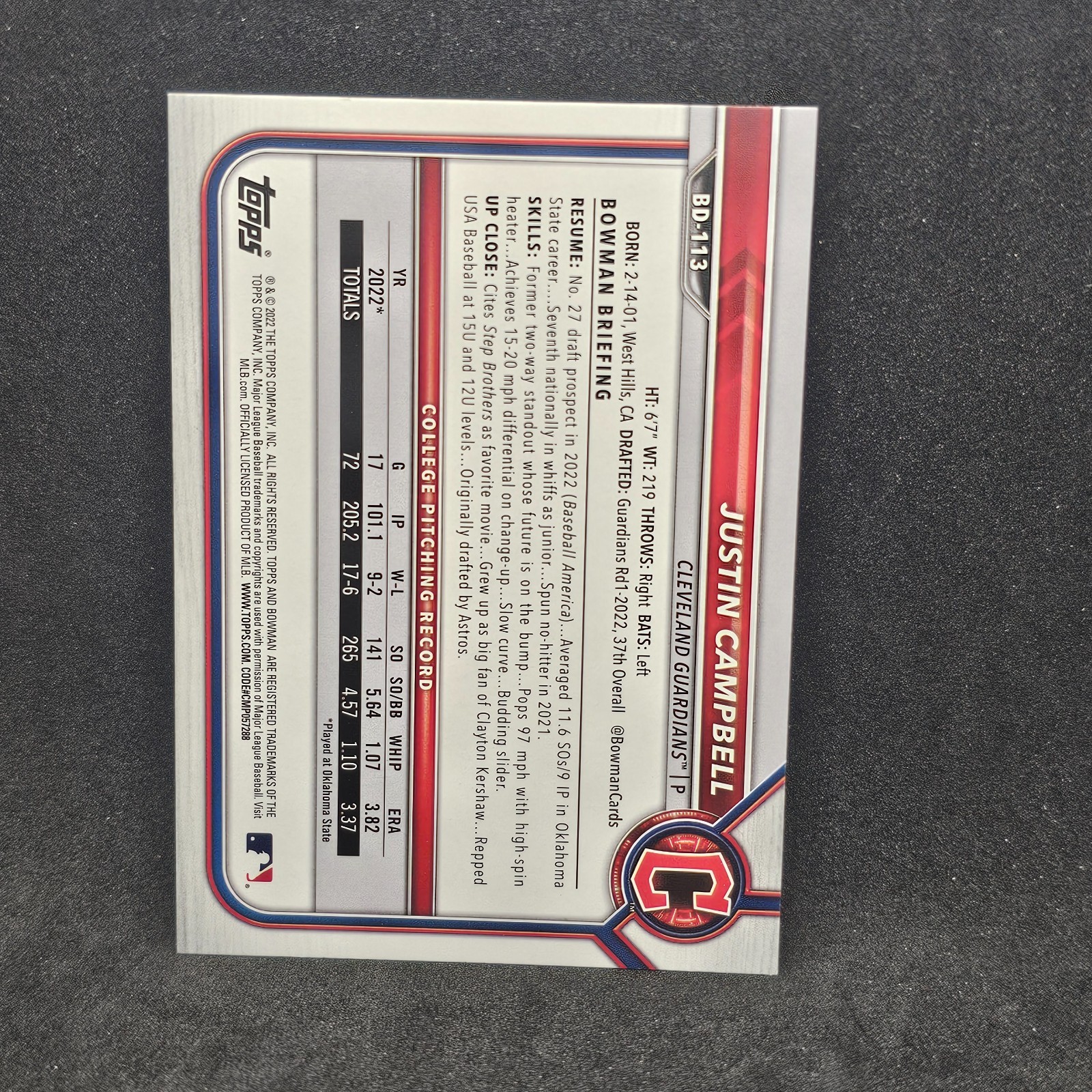 2022 1st Bowman Draft Paper Base #BD-113 Justin Campbell – Cleveland Guardians