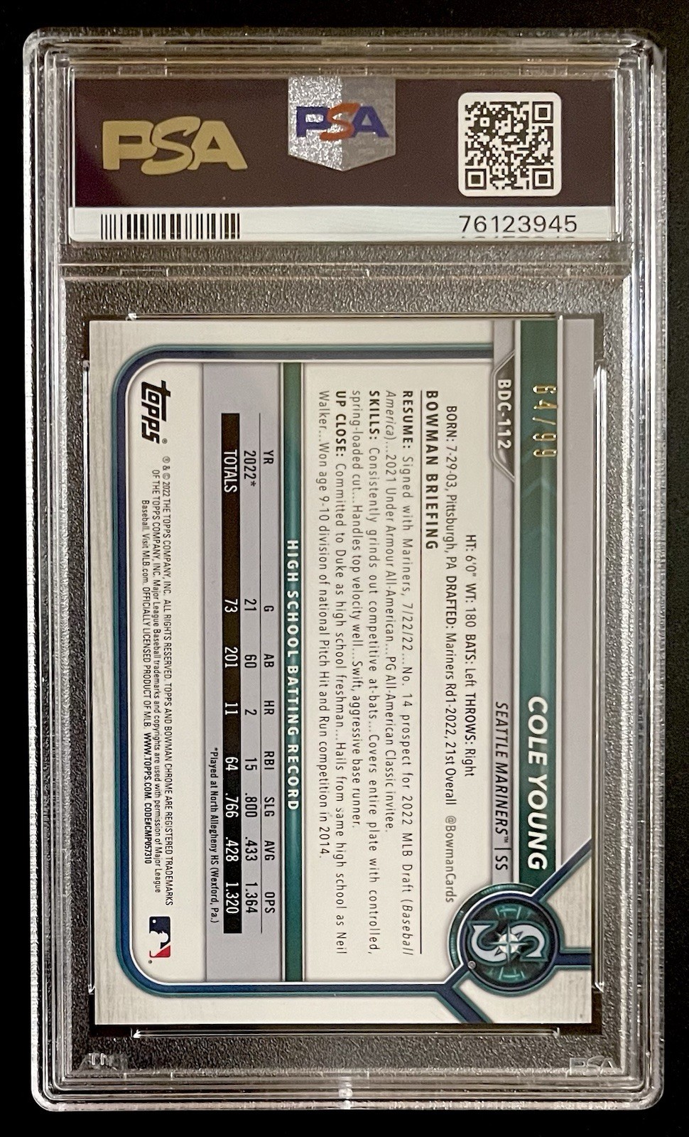 Cole Young 2022 Bowman Draft Chrome Green Refractor /99 PSA 9 Rookie RC #BDC112