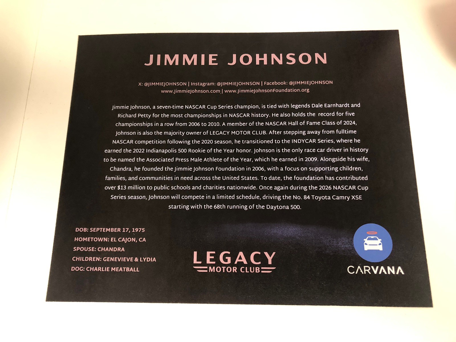 Nascar Driver #84 Jimmie Johnson Carvana 2026 Postcard