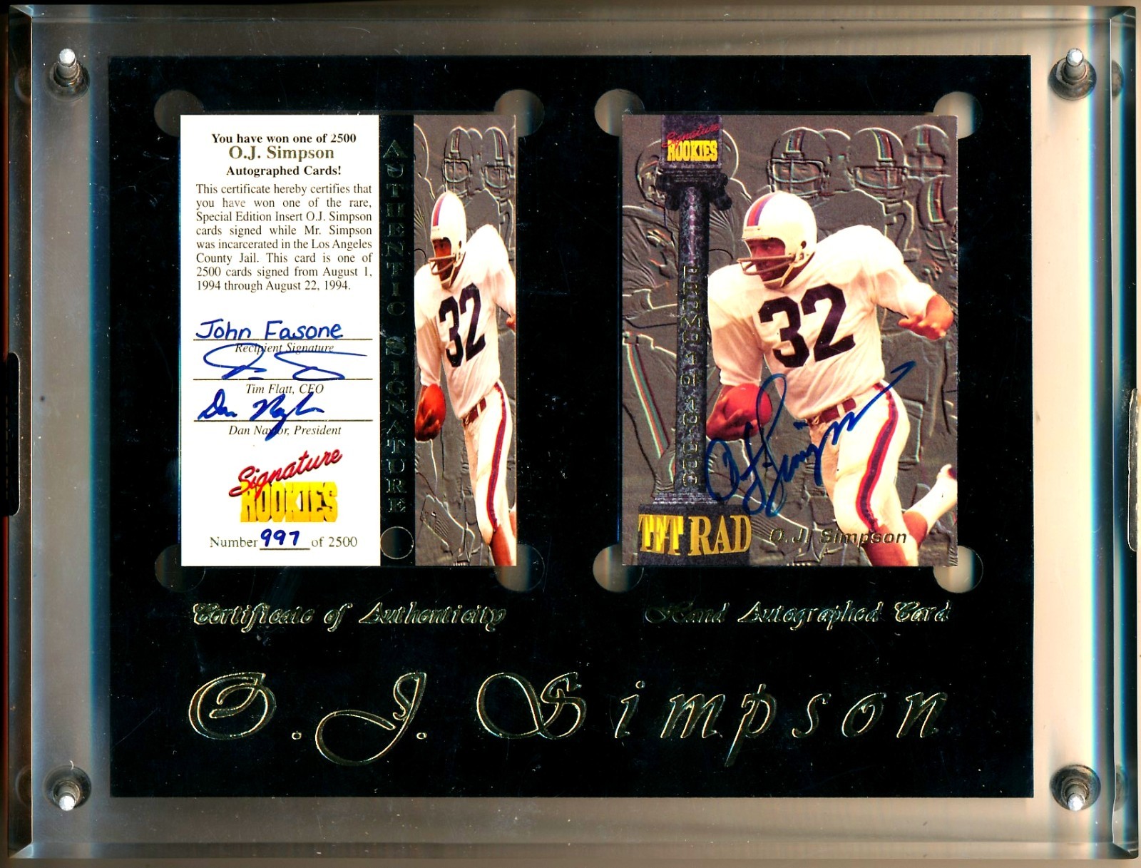 1994 SIGNATURE ROOKIES TETRAD O.J. OJ SIMPSON AUTO /2500 SIGNED IN JAIL CARD #T6