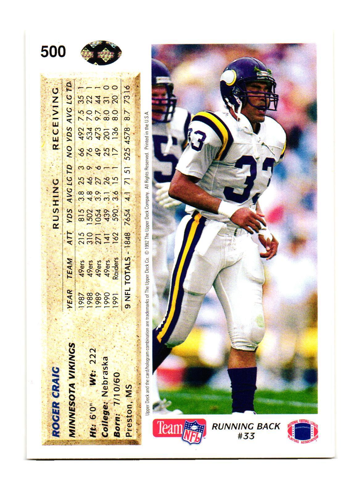1992 Upper Deck #500 Roger Craig Minnesota Vikings