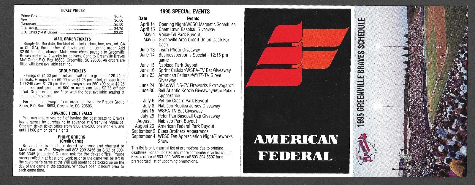1995 GREENVILLE BRAVES American Federal Regular Season POCKET SCHEDULE NM