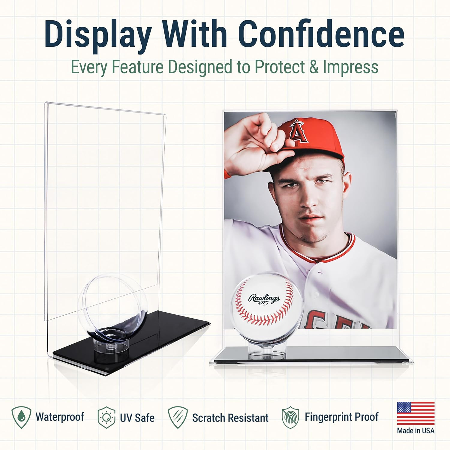 Baseball Holder with Picture Frame – Acrylic Baseball Card Display Case for 8X10