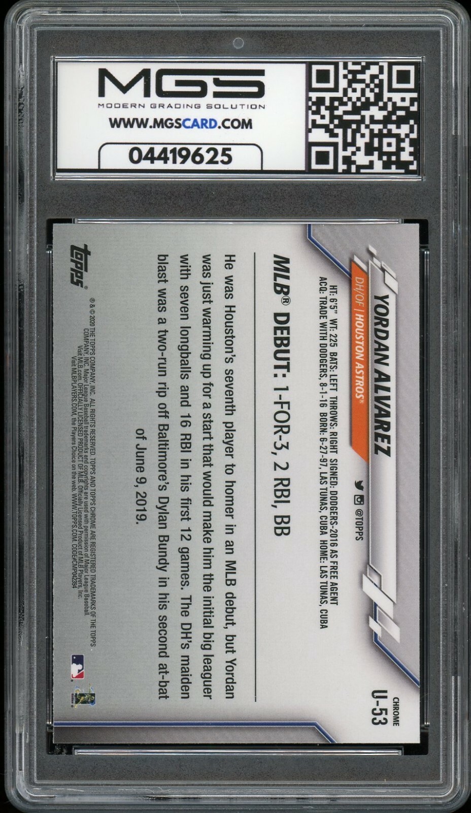 2020 Topps Chrome Update Yordan Alvarez Rookie Card RC Graded 10 MGS Gem MINT