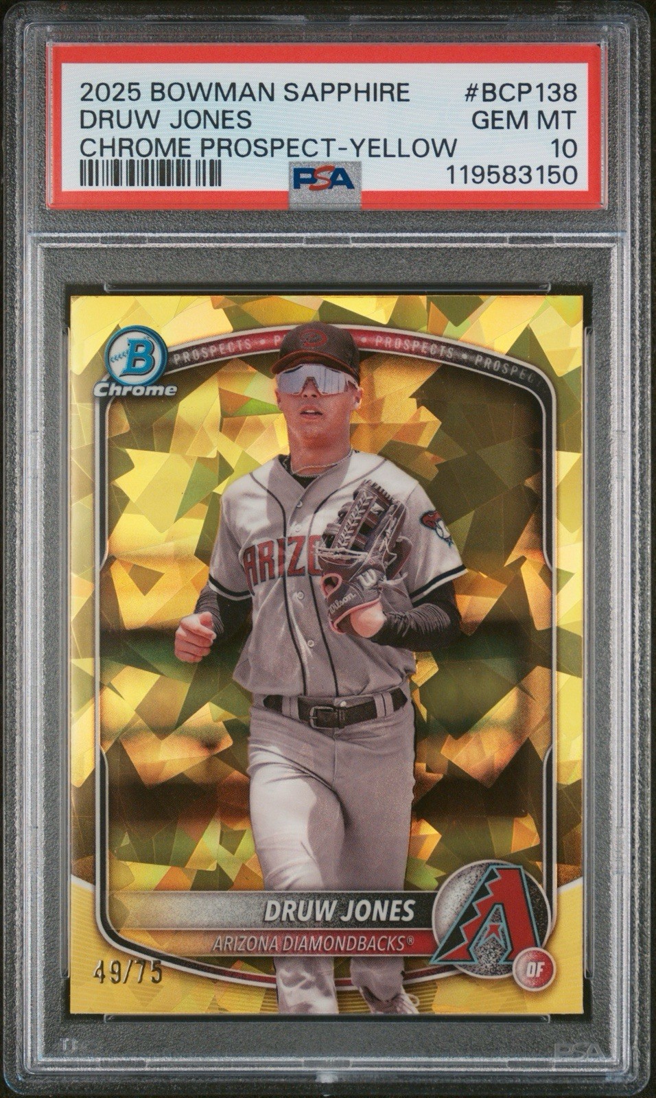 2025 Bowman Sapphire Chrome Yellow /75 Druw Jones #BCP-138 PSA 10 GEM MT