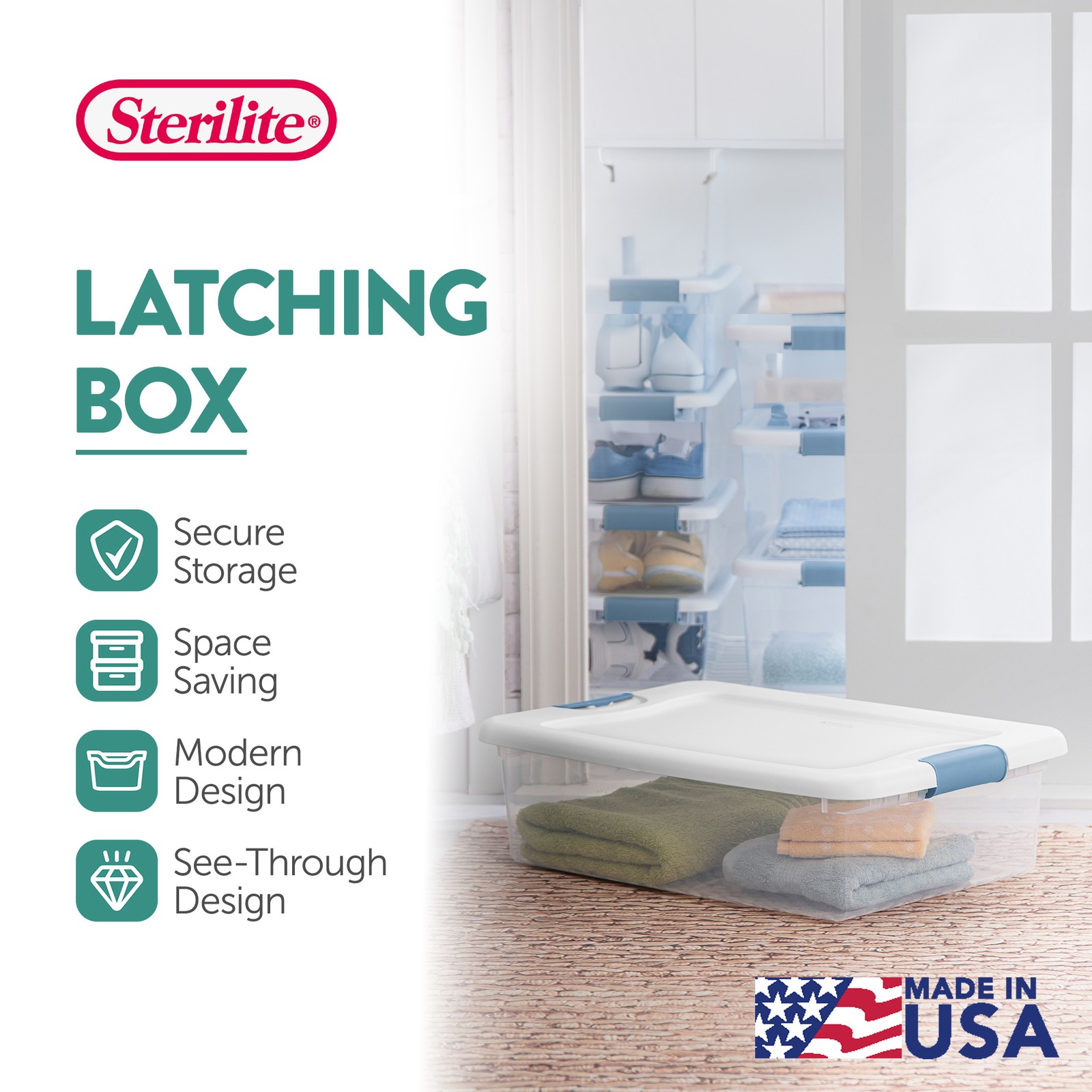 Sterilite 32 Quart Clear Stackable Latching Storage Box Containers, 18 Pack
