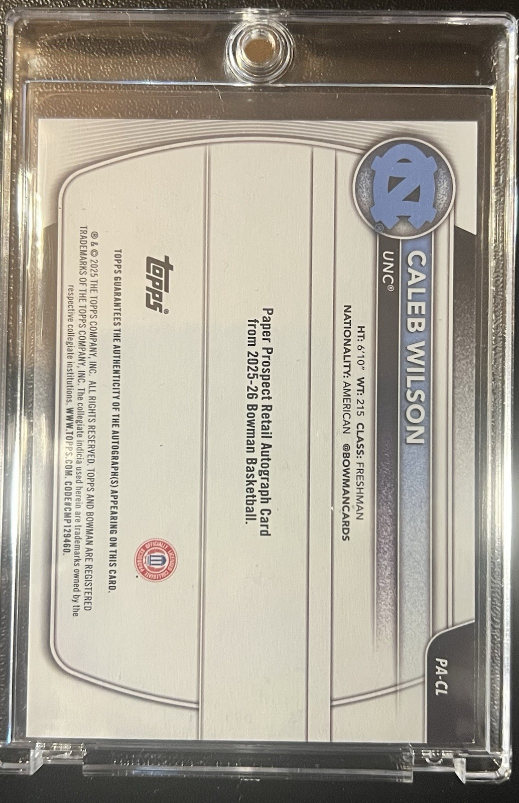 2025-26 Bowman U Caleb Wilson 1st Bowman Blue Autograph Card 143/150 Draft Pick!