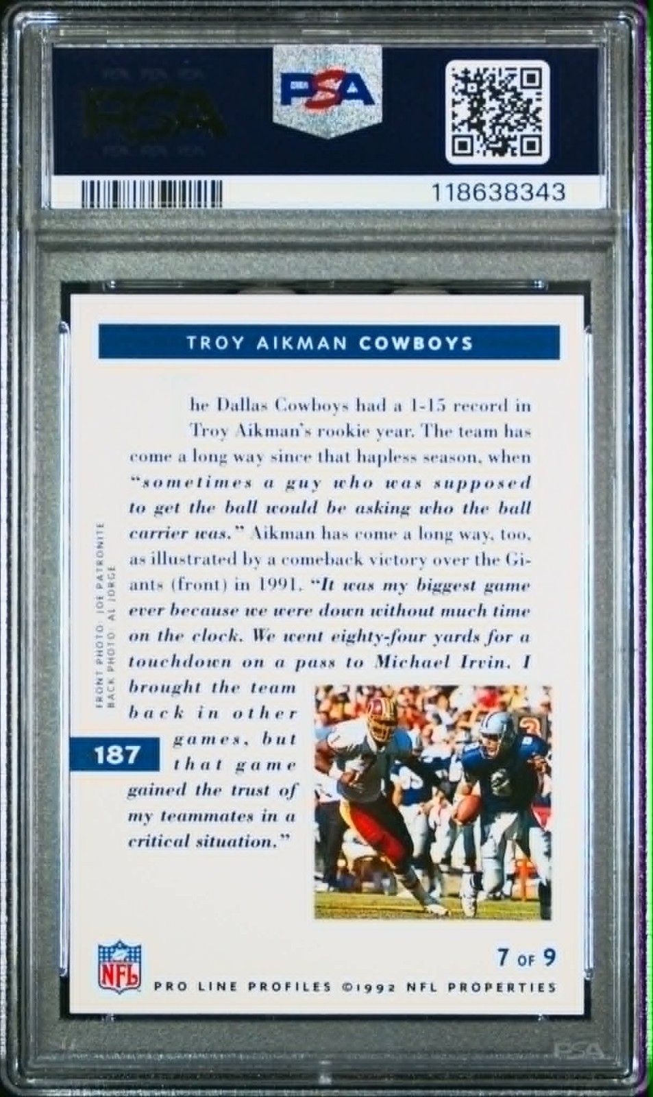 1992 PRO LINE PROFILES #187 TROY AIKMAN COWBOYS HOF POP 10 PSA 10