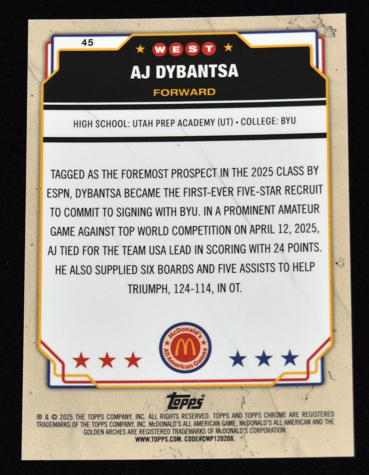 2025 Topps Chrome McDonald’s All-American AJ Dybantsa #45 Tie-Dye Refractor /25