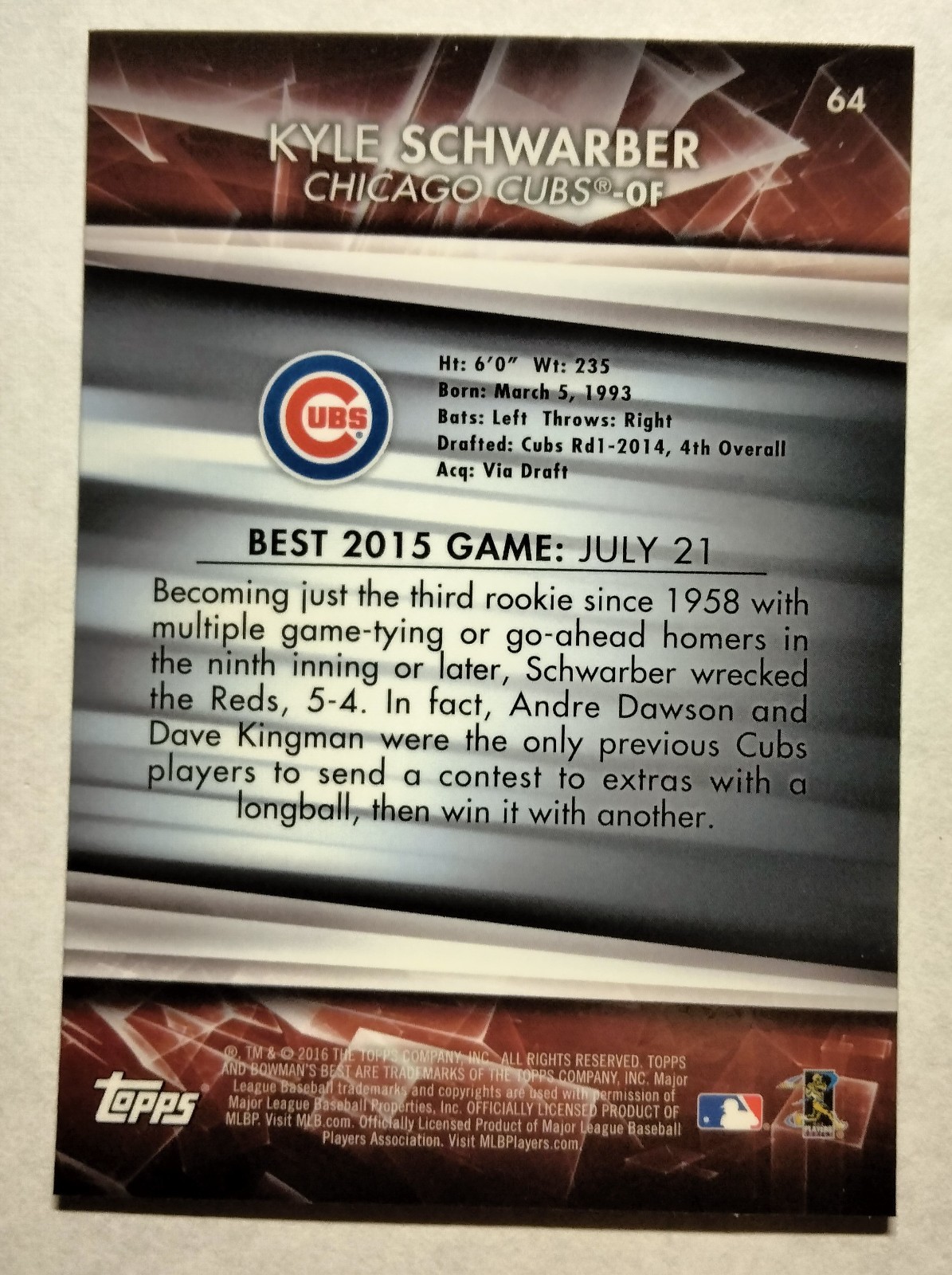 2016 BOWMAN’S BEST KYLE SCHWARBER RC #64 CUBS PHILLIES