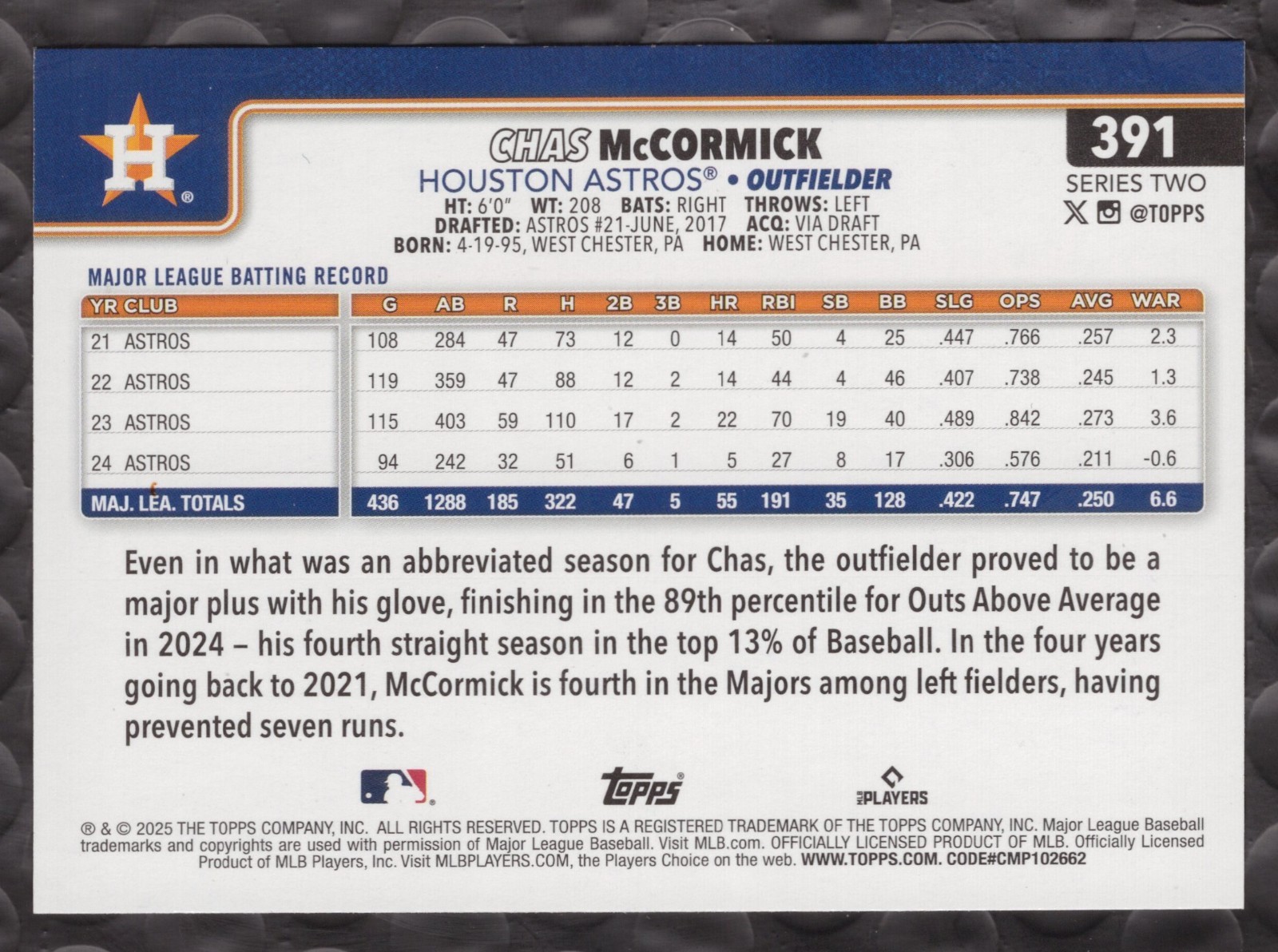 2025 Topps Series 2 Chas McCormick Silver Crackle Foil #391