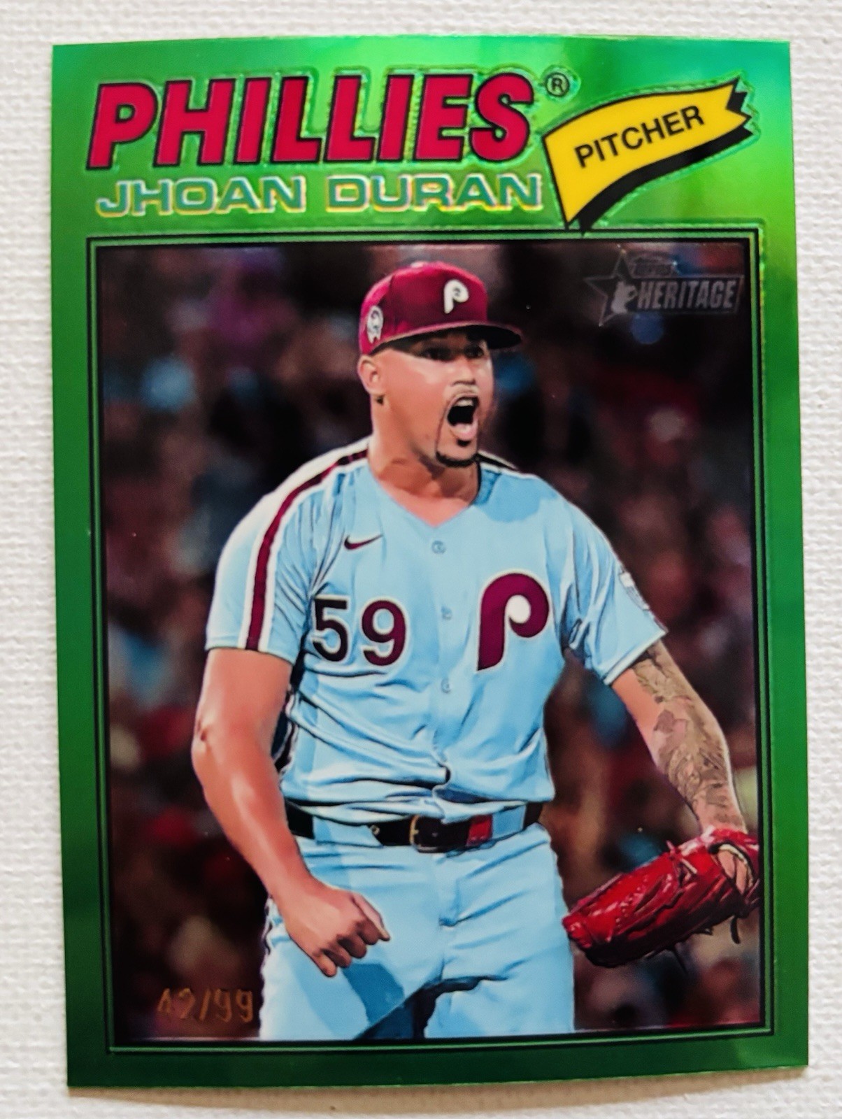 2026 Topps Heritage Jhoan Duran #14 Green Refractor parallel #’d/99 Phillies