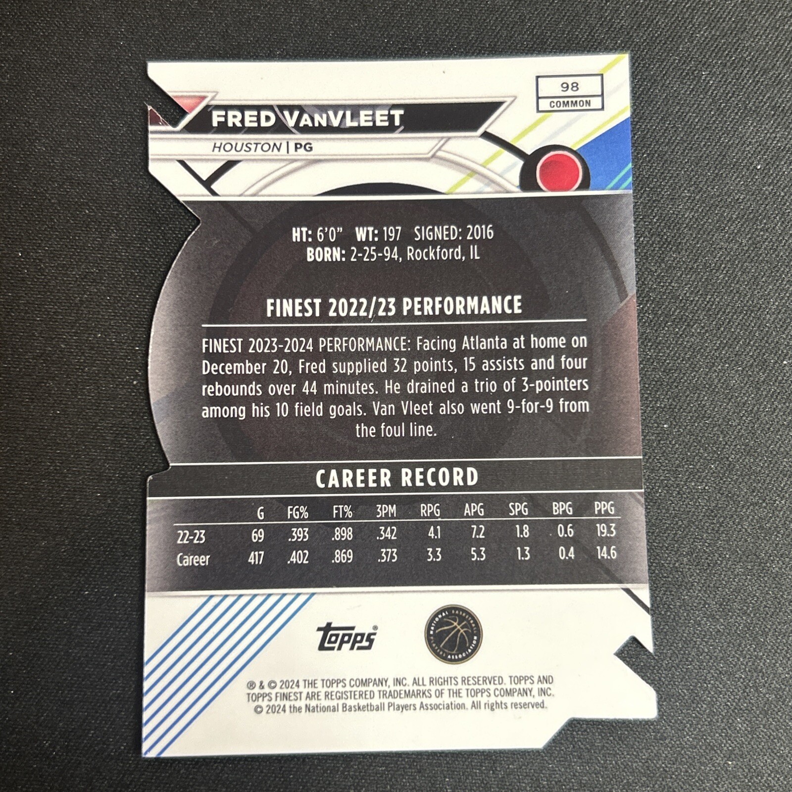 🔥Fred VanFleet 2023-24 Topps Finest Die Cut Refractor #98 Rockets 06/74 *NICE*