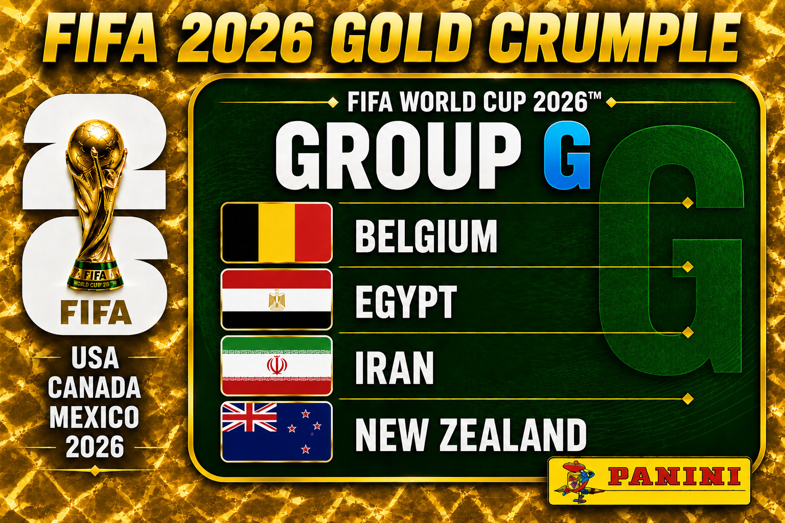 GOLD CRUMPLE STICKERS – GROUP G – PANINI FIFA WORLD CUP 2026 – BEL-EGY-IRN-NZL