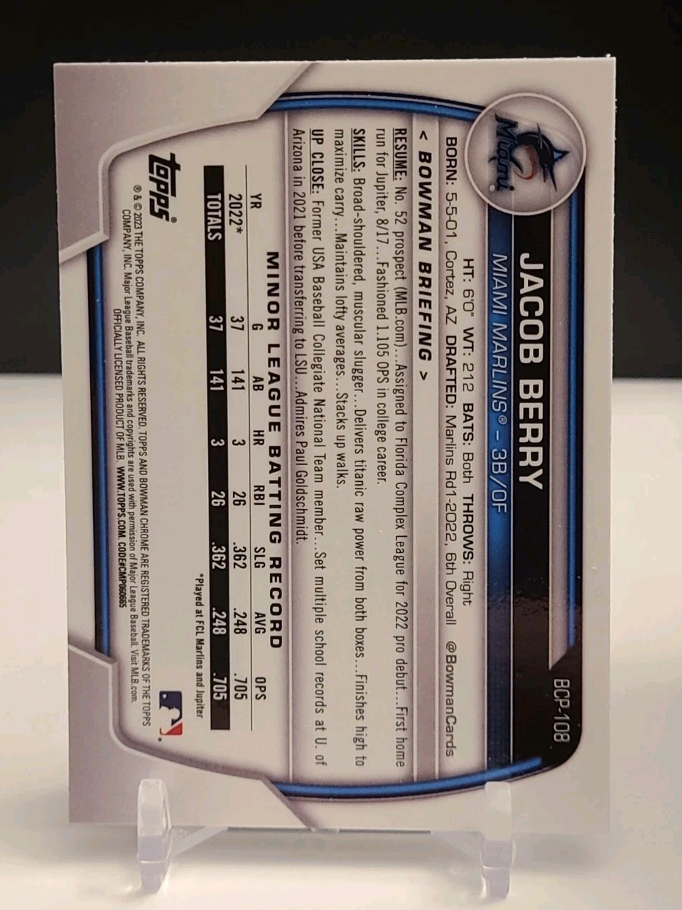 2023 Bowman – Chrome Prospects Jacob Berry #BCP-108 1st Bowman RC