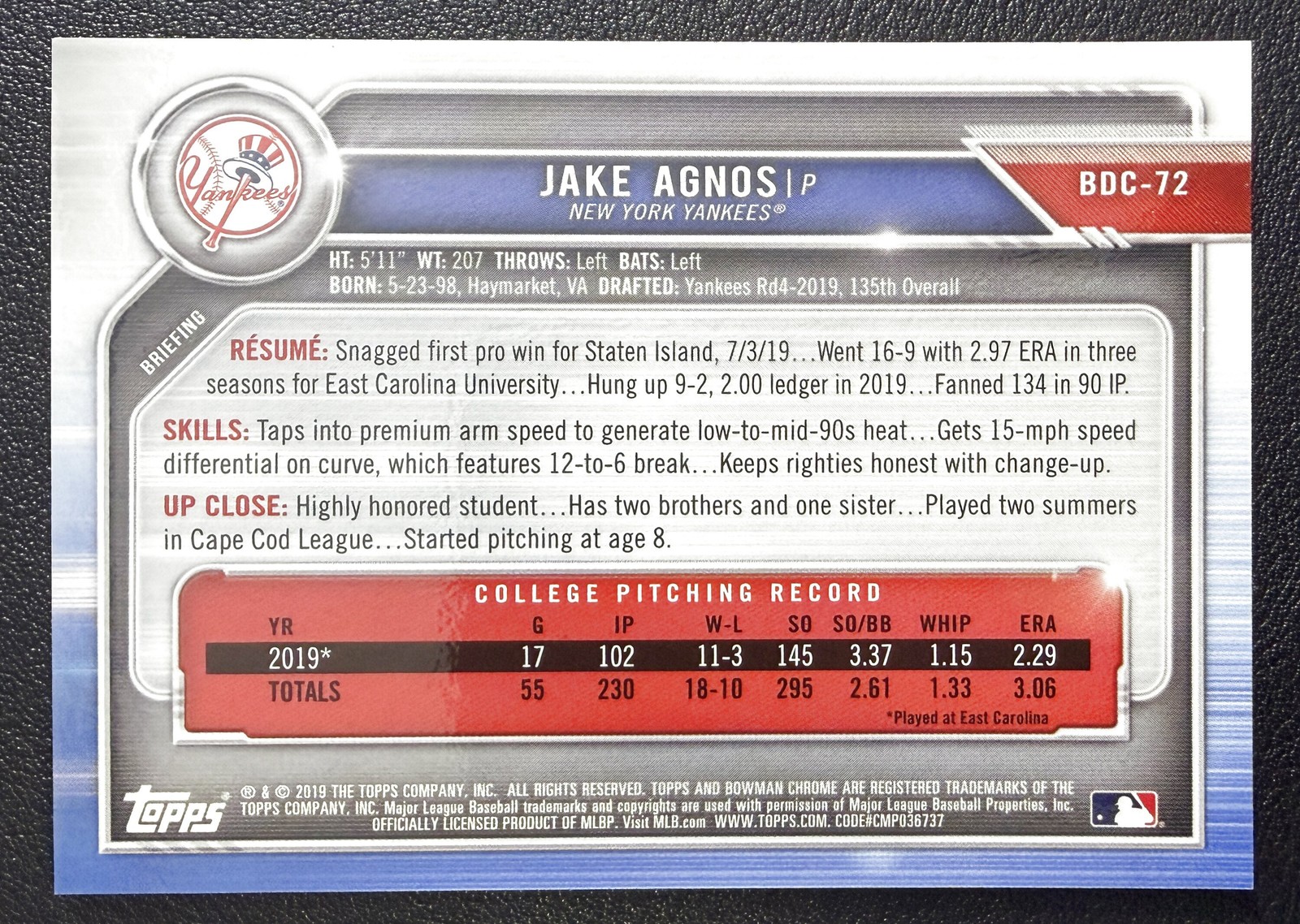 2019 Bowman Chrome Draft Jake Agnos 1st Bowman Asia Mojo Refractor #BDC-72