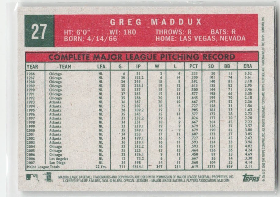 2008 Topps Heritage #27 Greg Maddux