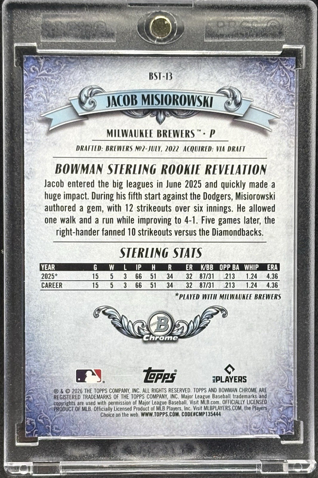 Jacob Misiorowski RARE ROOKIE RC REFRACTOR INVESTMENT CARD BREWERS MINT