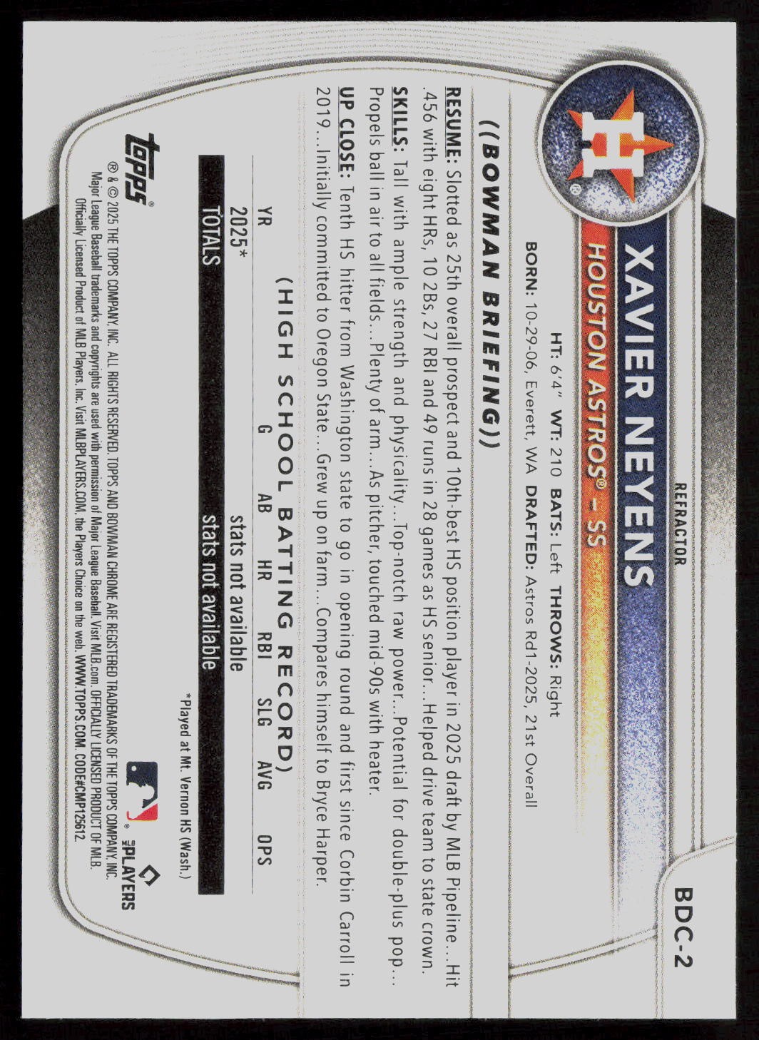 2025 Bowman Draft #BDC-2 Xavier Neyens Chrome Refractor