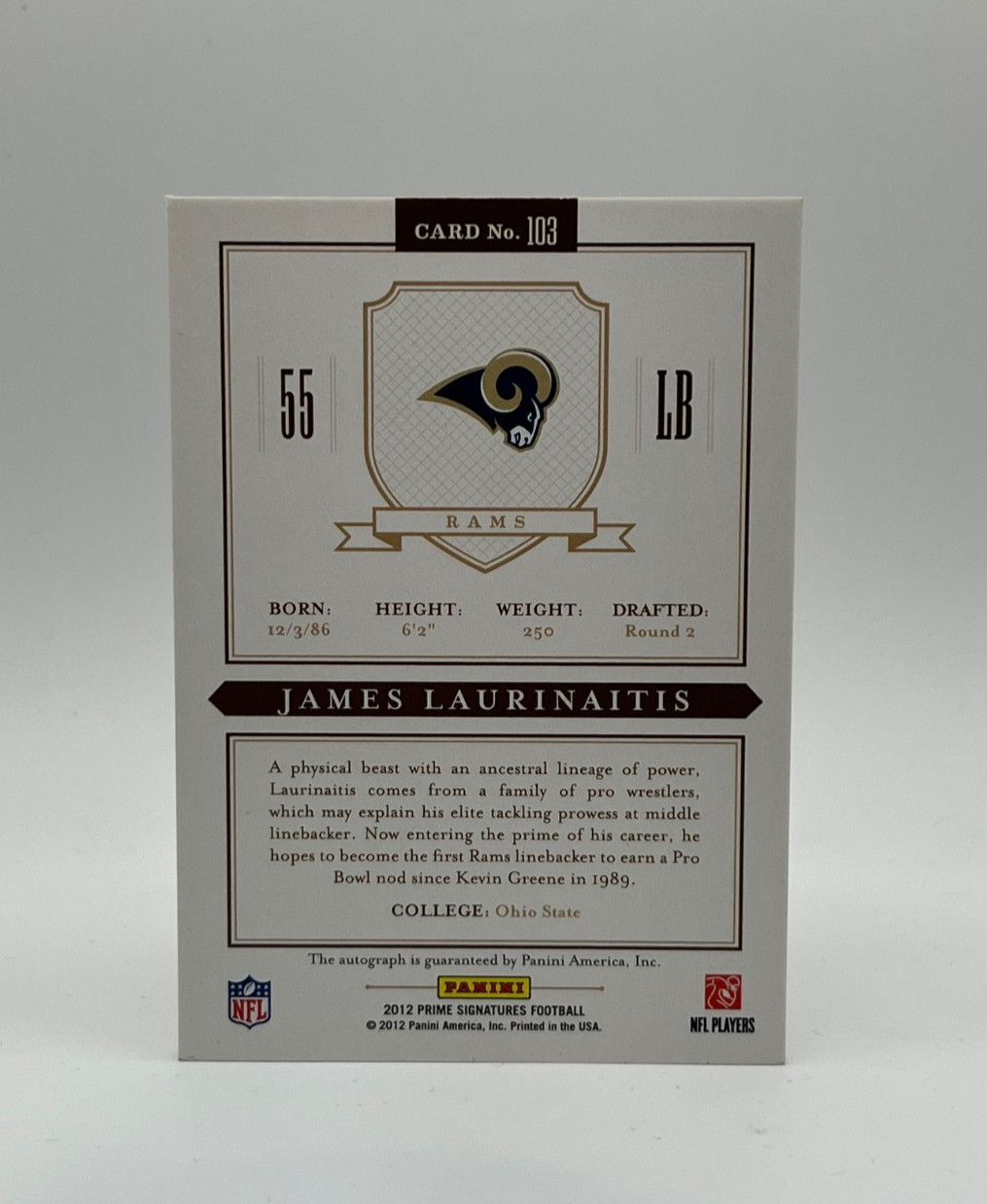 2012 Panini Prime Signatures Silver 16/25 James Laurinaitis #103 Auto Rams