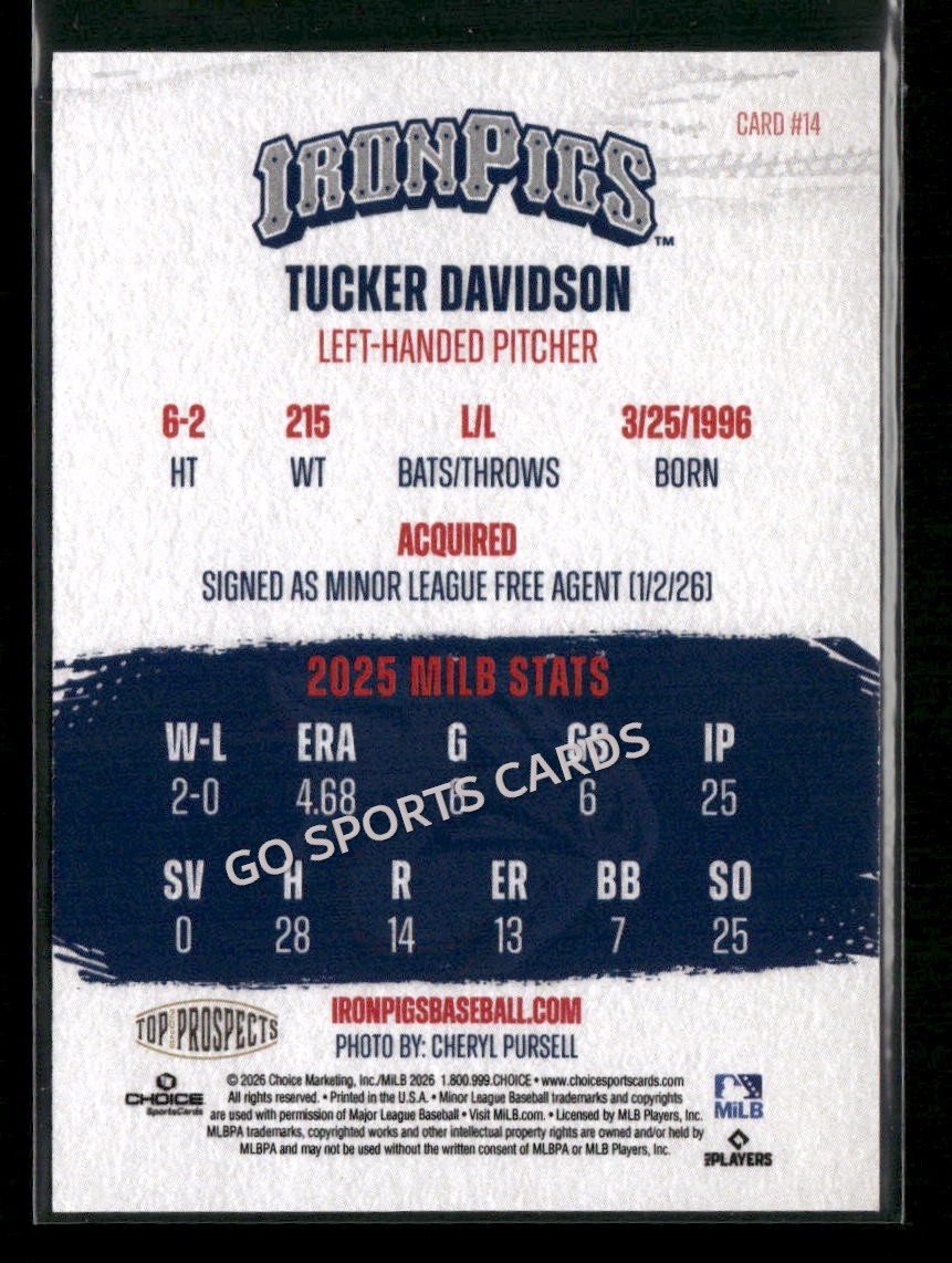 2026 AAA Top Prospects Lehigh Valley IronPigs Tucker Davidson RC Rookie Phillies