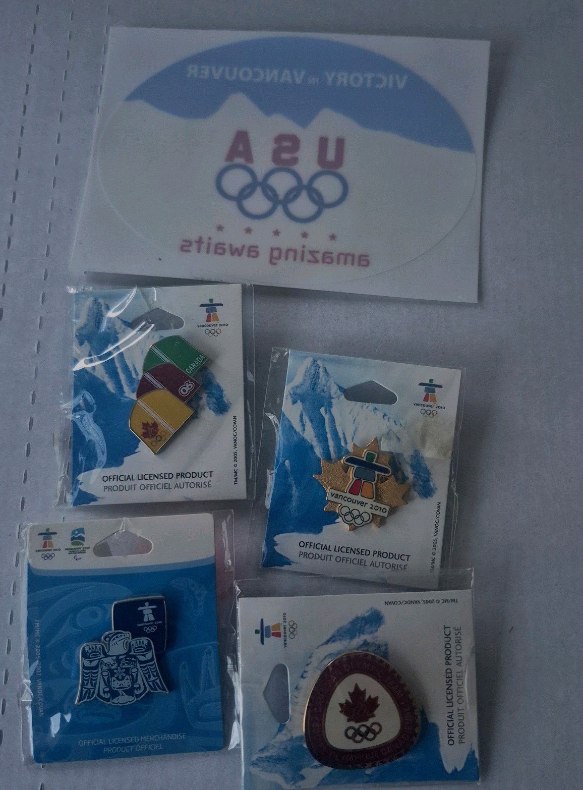 4 Collectible Vancouver Winter Olympics 2010 Pins New Never Opened plus Decal
