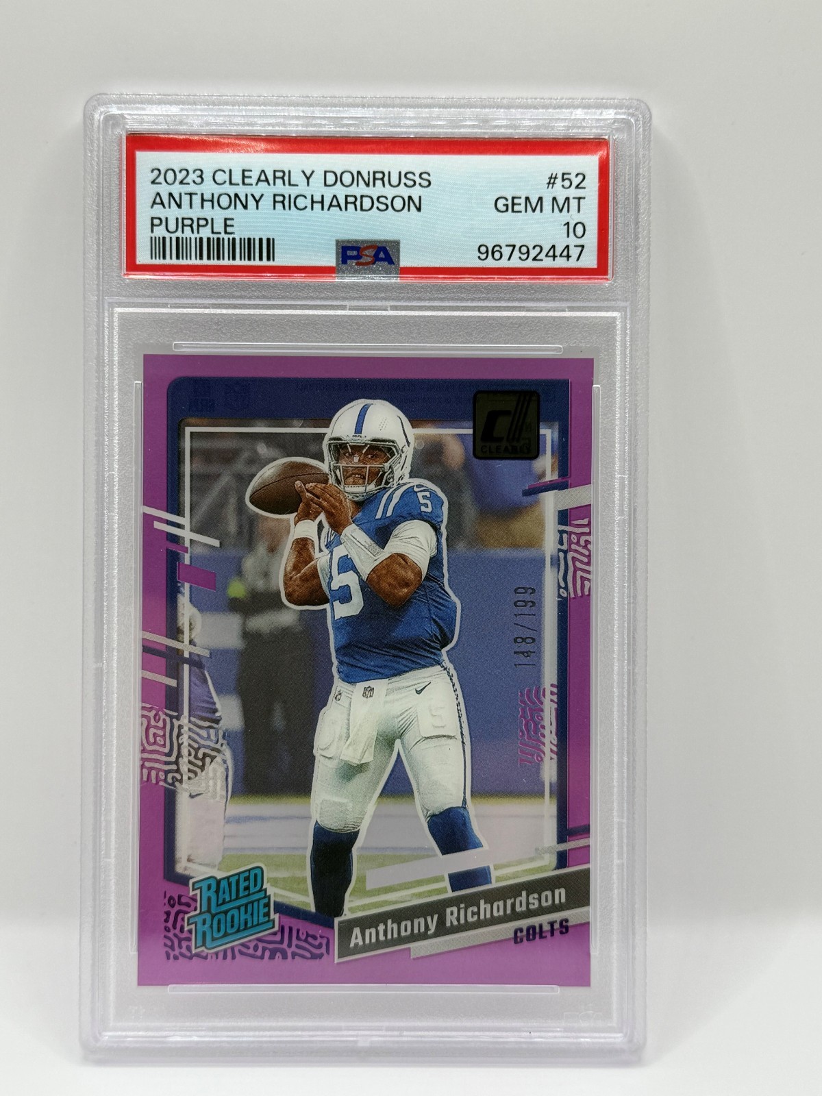 2023 Panini Clearly Donruss #52 Anthony Richardson Purple /199 RC PSA 10 Colts