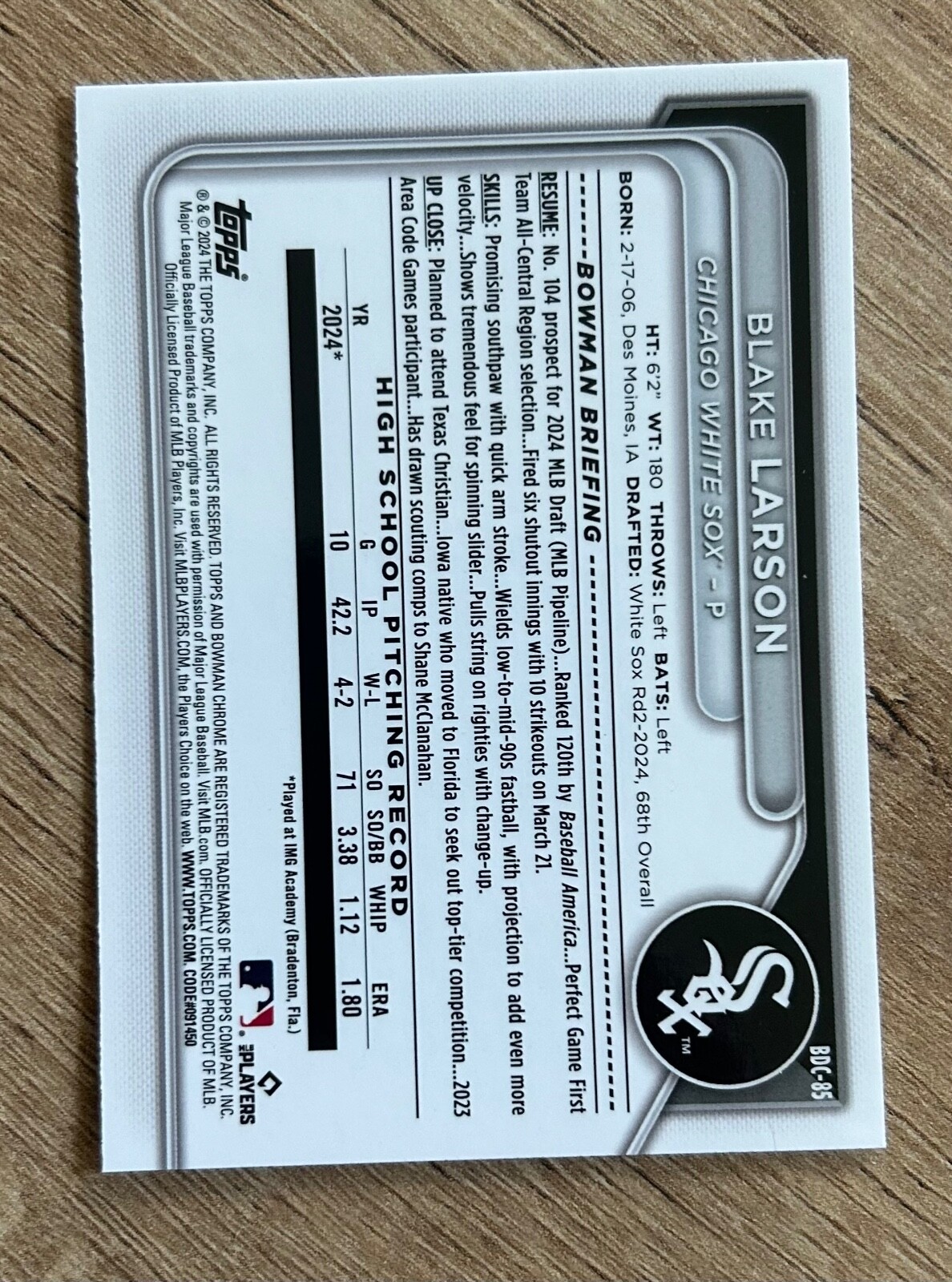 2024 Bowman Draft 1st Chrome Blake Larson Chicago White Sox #BDC-85