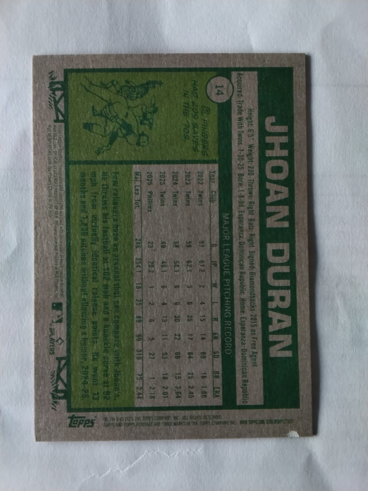 2026 Topps Heritage Baseball Purple SP Card #14 Jhoan Duran Phillies “READ”